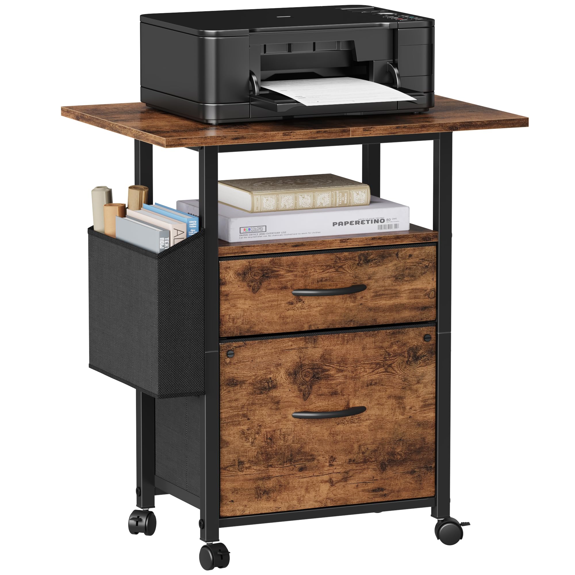 GYIIYUO 2 Drawer File Cabinet with 24'' Extended Desktop, Light Brown | Mobile Filing Cabinet, Side Bag, Fits A4/Letter Size, Rolling Printer Stand, Home Office, Fabric Drawer