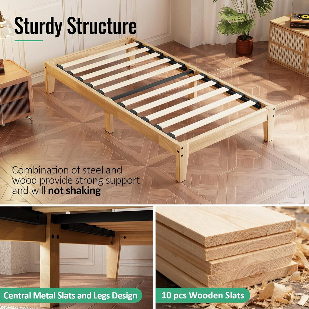 Twin Size Solid Wood Platform Bed - Noise-Free Design with Metal and Wood Slat Support, No Box Spring Needed, Easy Assembly, Natural Wood Finish