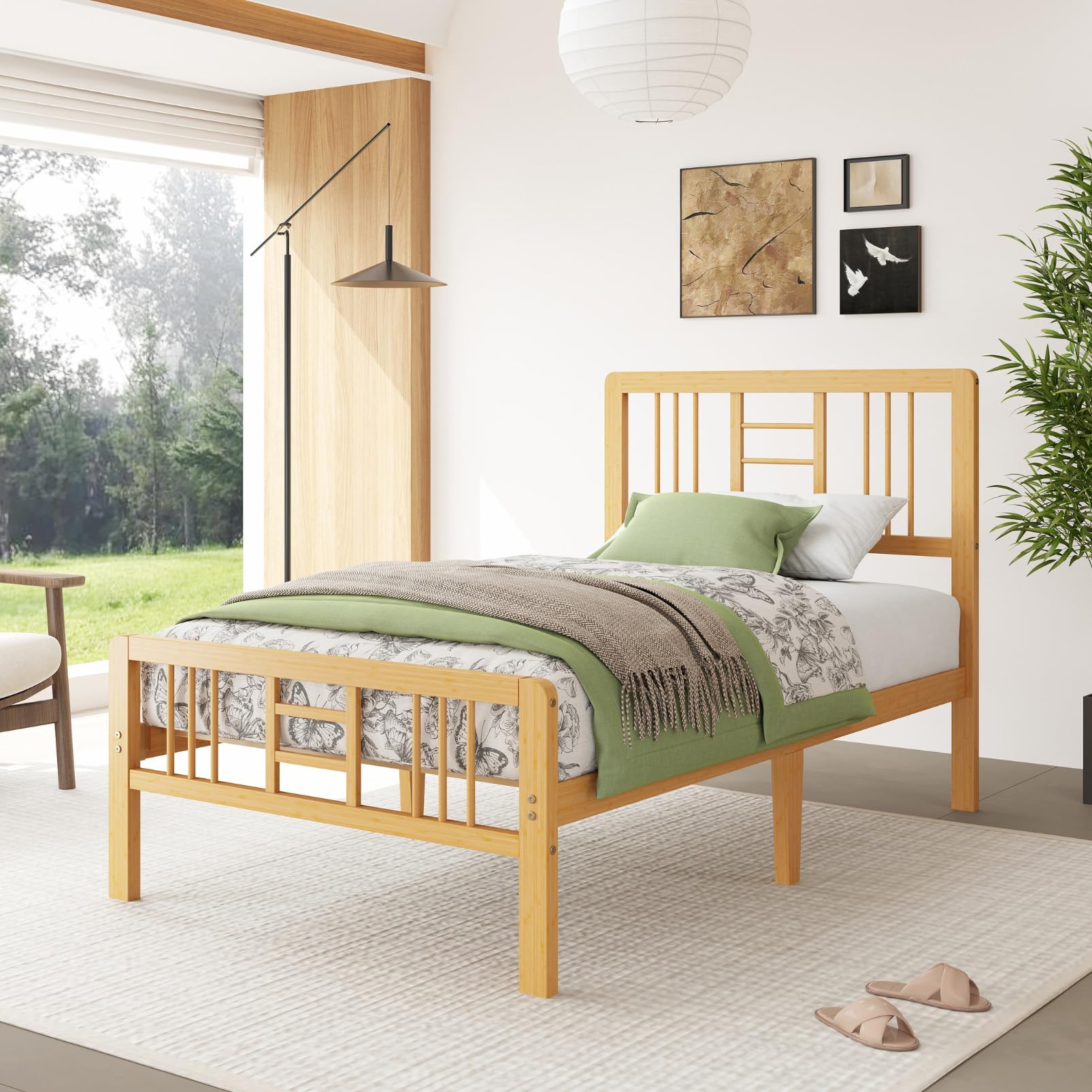 12 Inch Bamboo Wood Twin Size Platform Bed Frame with Headboard and Footboard, Metal Slat Support Bed Frame Twin Heavy Duty, No Box Spring Needed, Easy Assembly, Noise Free, Reinforced