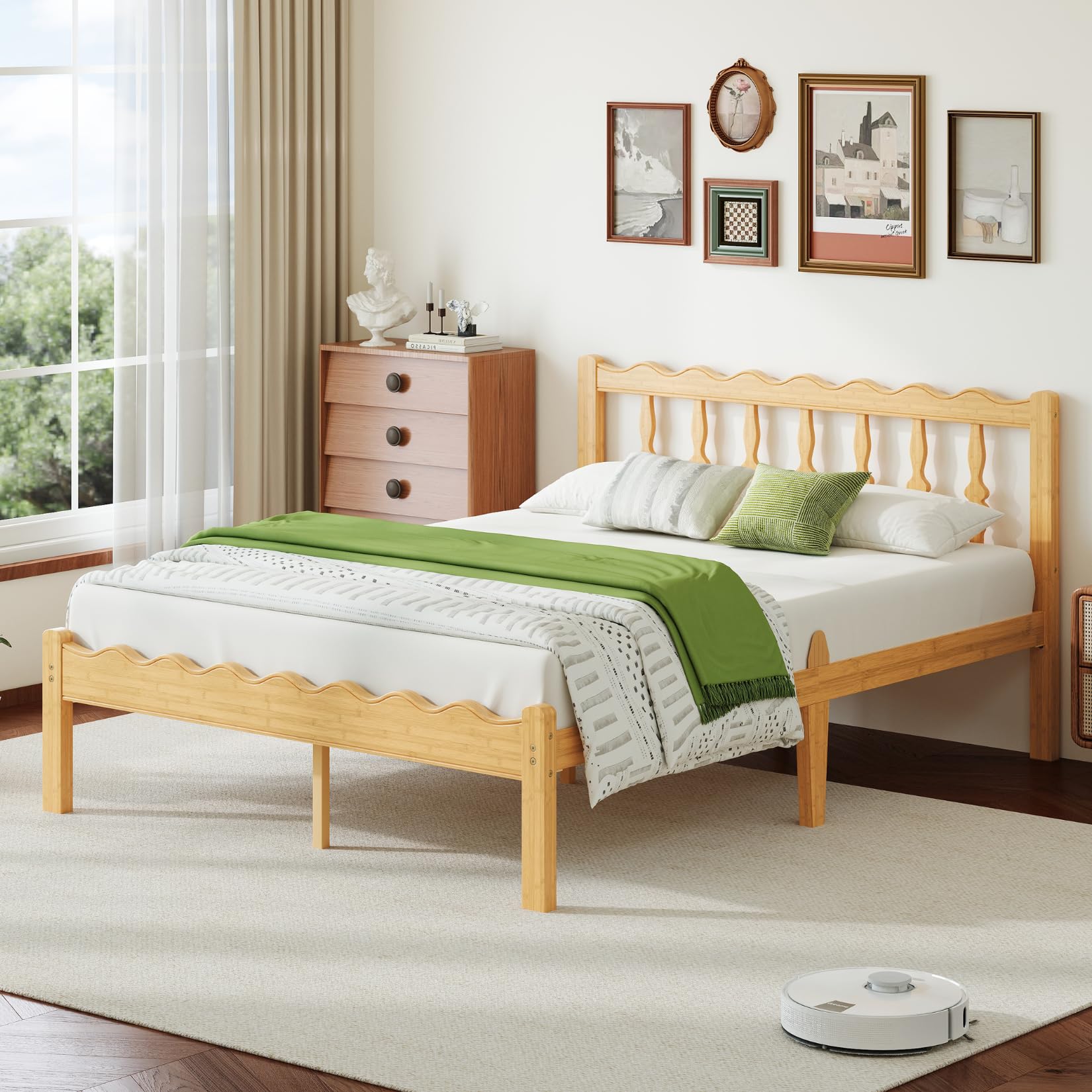 Bamboo Twin Bed Frame with Headboard, 14 inch Solid Wood Platform Bed Frames Twin Size with Metal Slats, No Box Spring Needed, Easy Assembly, Noise Free