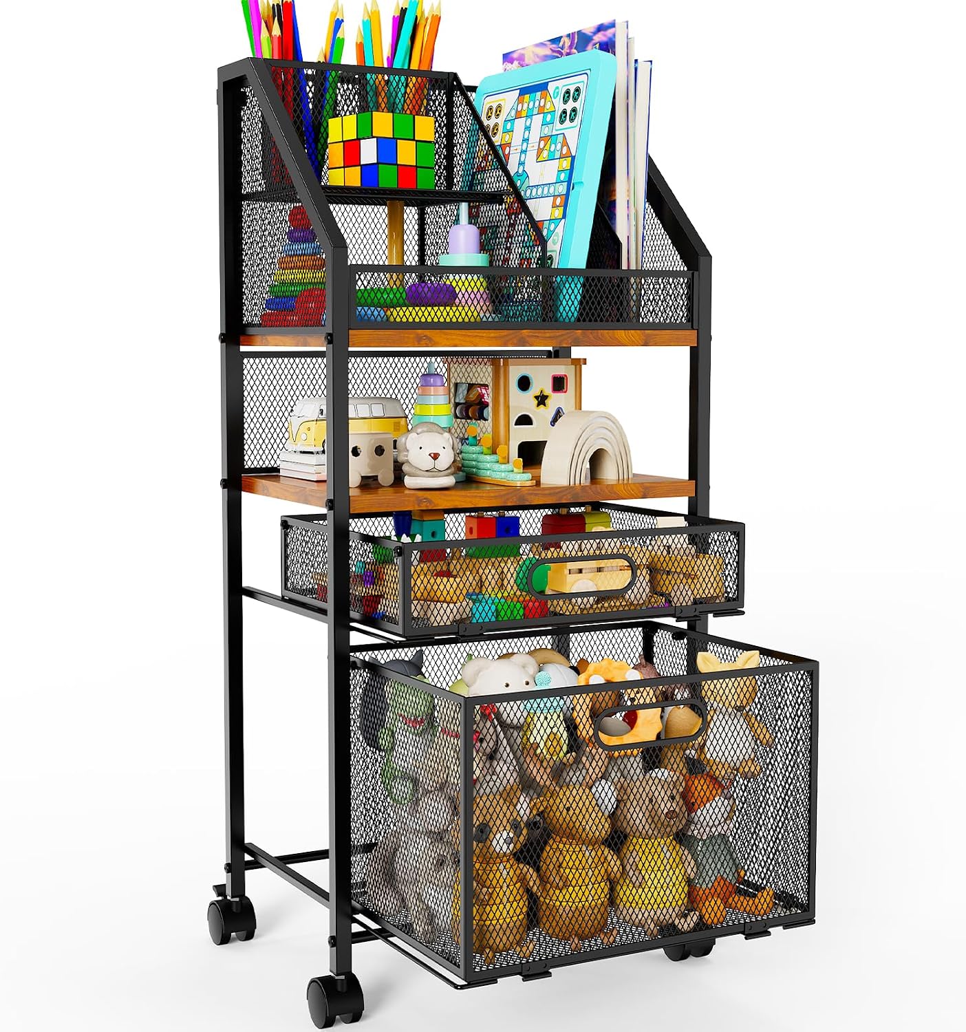 Rolling Cart with Drawers Metal Moving Craft Storage Cart with Lockable Wheels Wood&Mesh Rolling Utility Organizer Filing Cabinets for Home Office Classroom Organization(31 * 15 * 10 Inch)