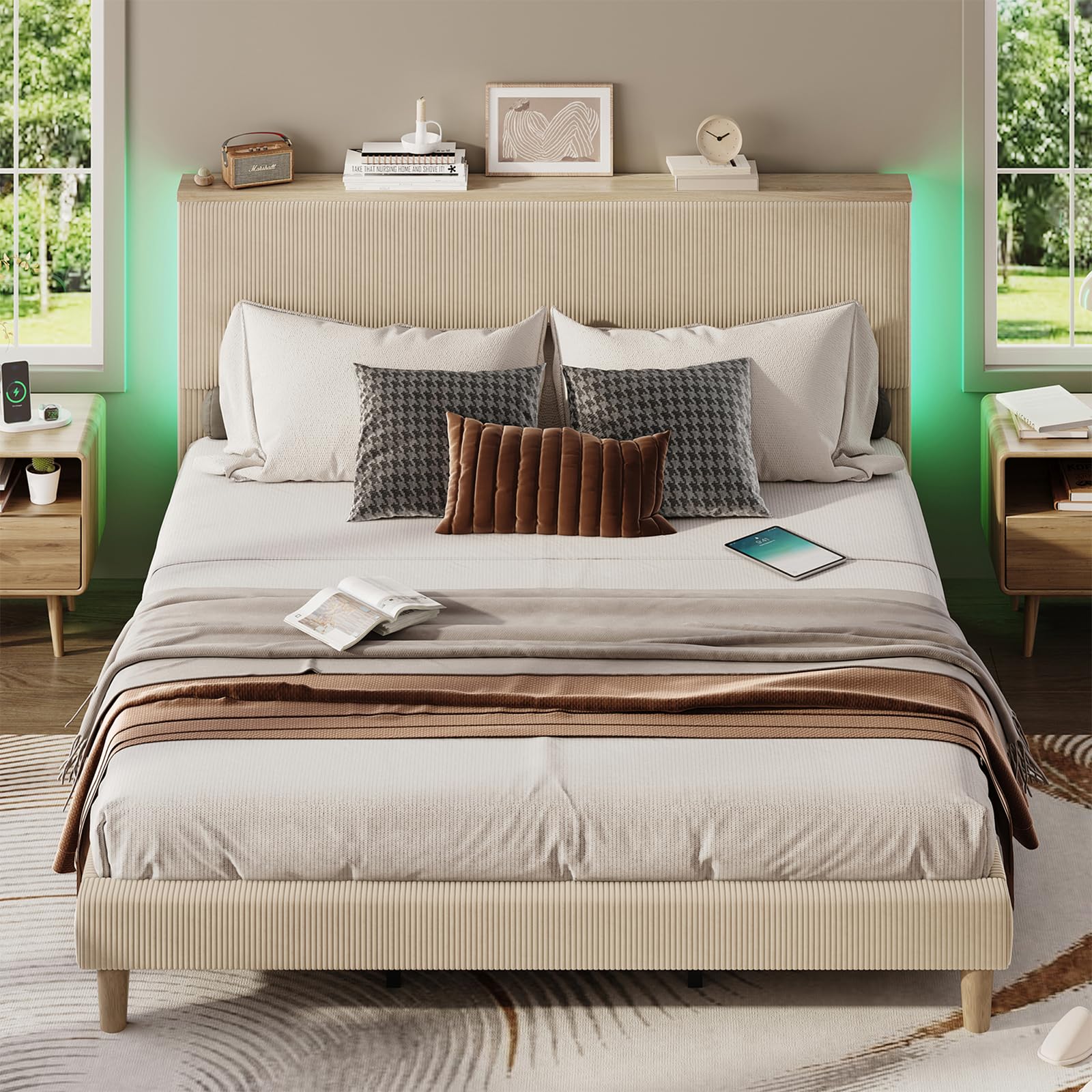 Bestier Queen Bed Frame with Adjustable Headboard & LED Lighting, Corduroy Upholstered Platform Bed Frame with Storage Shelf, Solid Wood Slats, No Box Spring Needed,Never Squeak, Easy Assembly, Beige