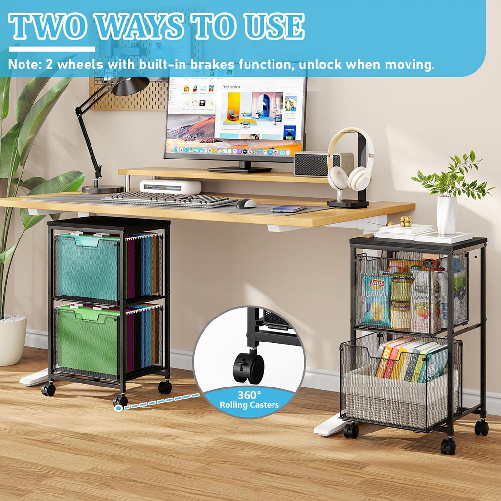 Sbanmao Rolling File Cart with 2 Storage Drawers, Mobile File Cabinet with Wheels, Hanging File Folder Organizer, Under Desk Storage, Printer Stand Utility Cart Filing Cabinet for Home Office,Black