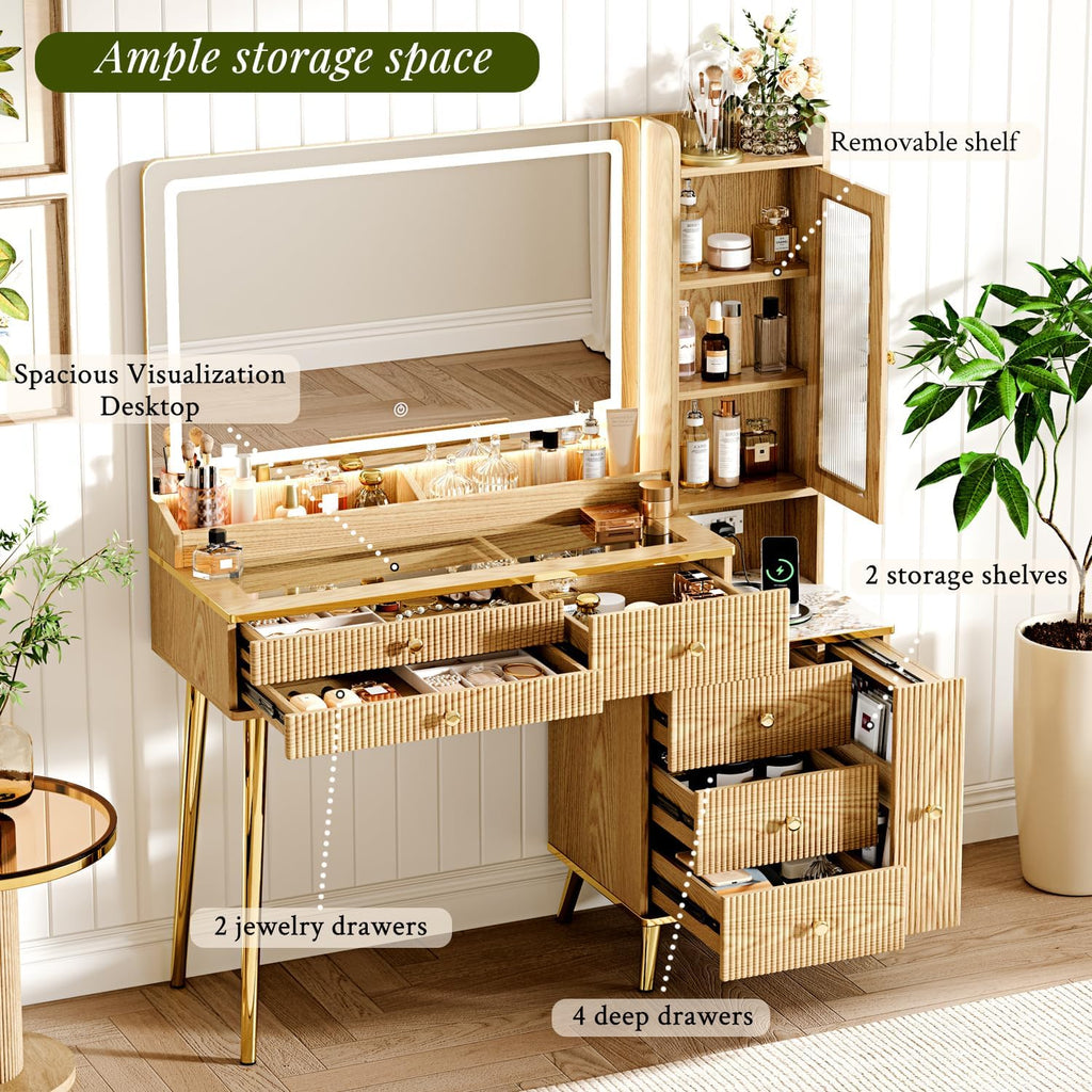 Arulvmrn Vanity Desk with 35.12" HD Lighted Mirror, 46.85" Big Modern Vanity Desk with Mirror and Lights, Makeup Vanity with 7 Drawers and Storage Shelves and Charging Station, Oak
