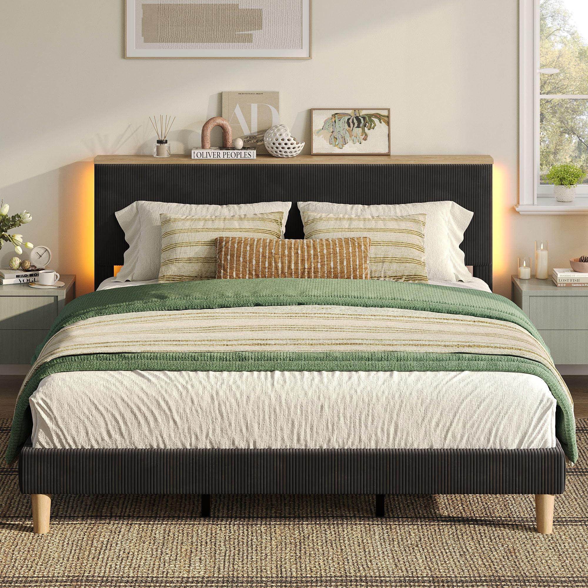 Bestier Queen Bed Frame with Adjustable Headboard & LED Lighting, Corduroy Upholstered Platform Bed Frame with Storage Shelf, Solid Wood Slats, No Box Spring Needed,Never Squeak, Easy Assembly, Beige