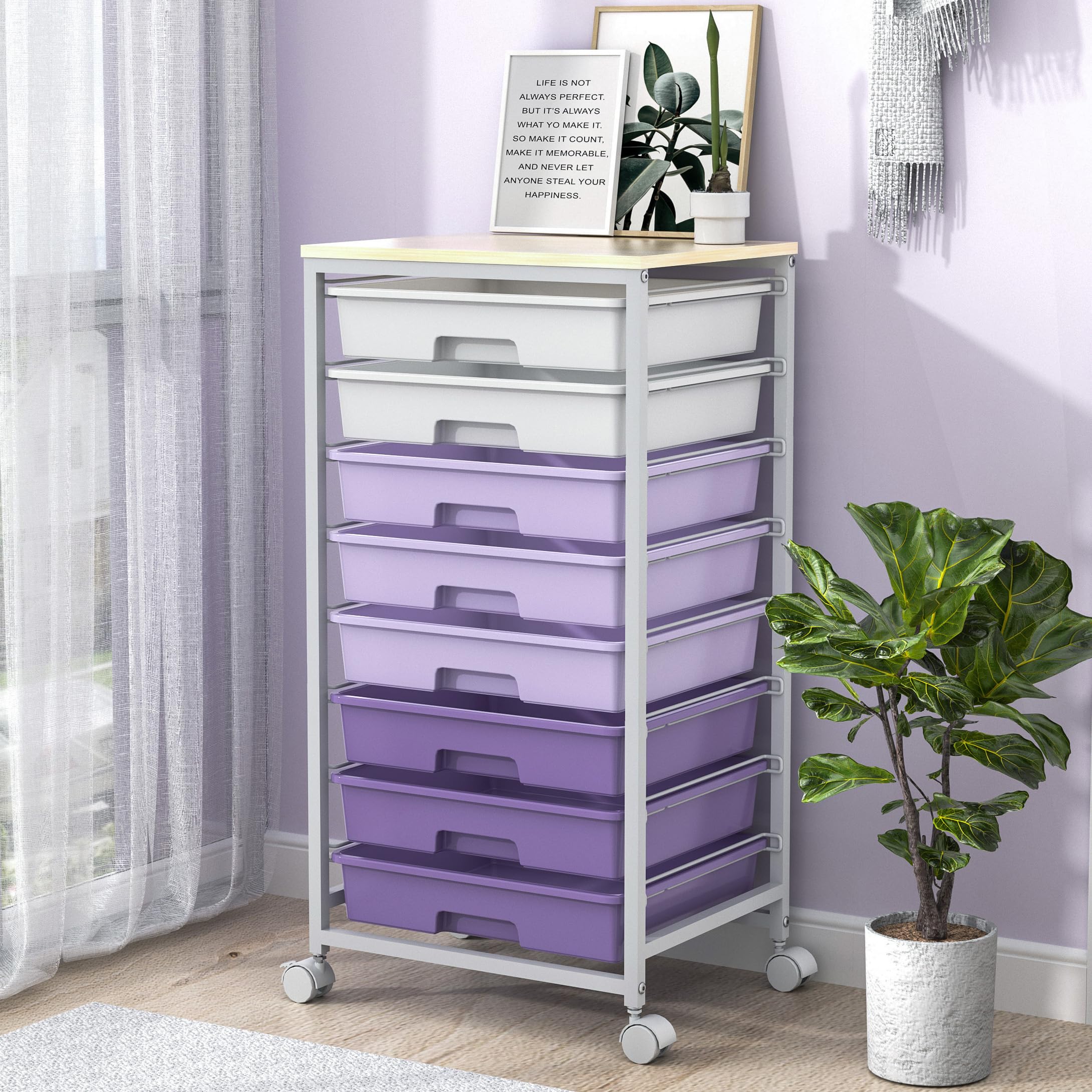 Green Rolling Utility Storage Cart with 8 Drawers & Wooden Tabletop, Multi-scene Organizer for Home Office Craft Dorm