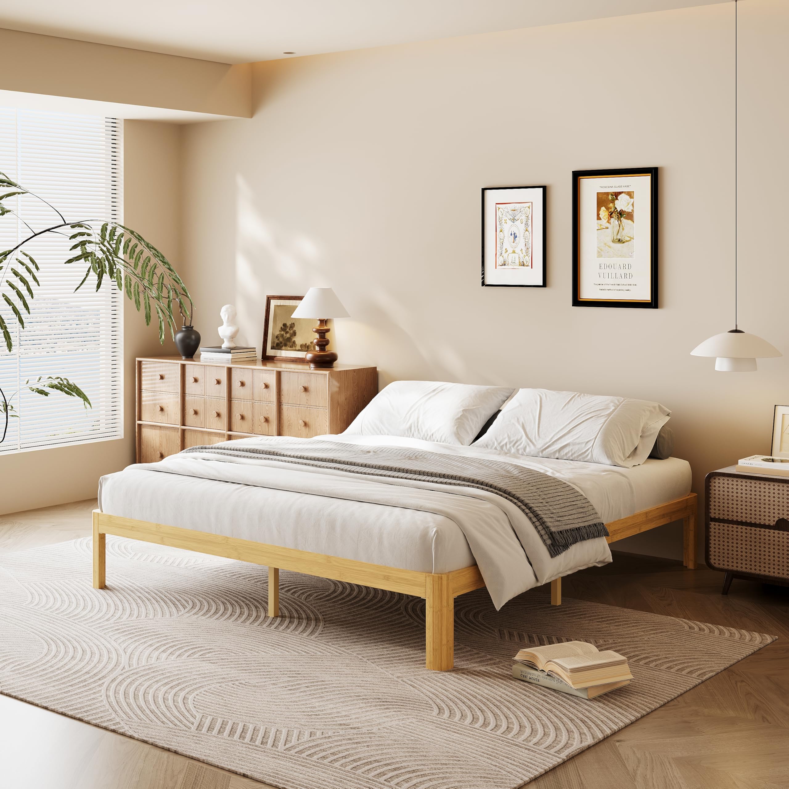 18 Inch King Wood Platform Bed，Mid-Century Wood Bed Frames, No Box Spring Needed, Natural Finish, Easy Assembly