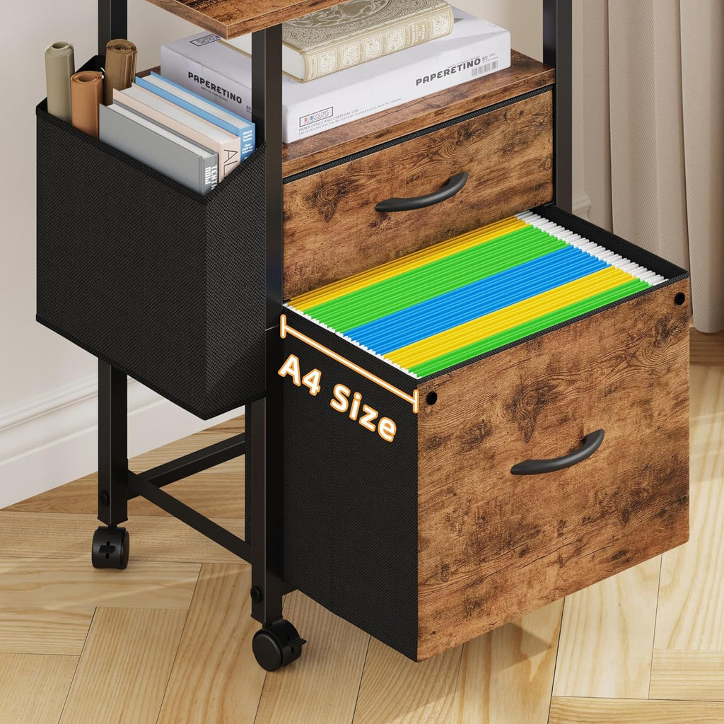 GYIIYUO 2 Drawer File Cabinet with 24'' Extended Desktop, Light Brown | Mobile Filing Cabinet, Side Bag, Fits A4/Letter Size, Rolling Printer Stand, Home Office, Fabric Drawer