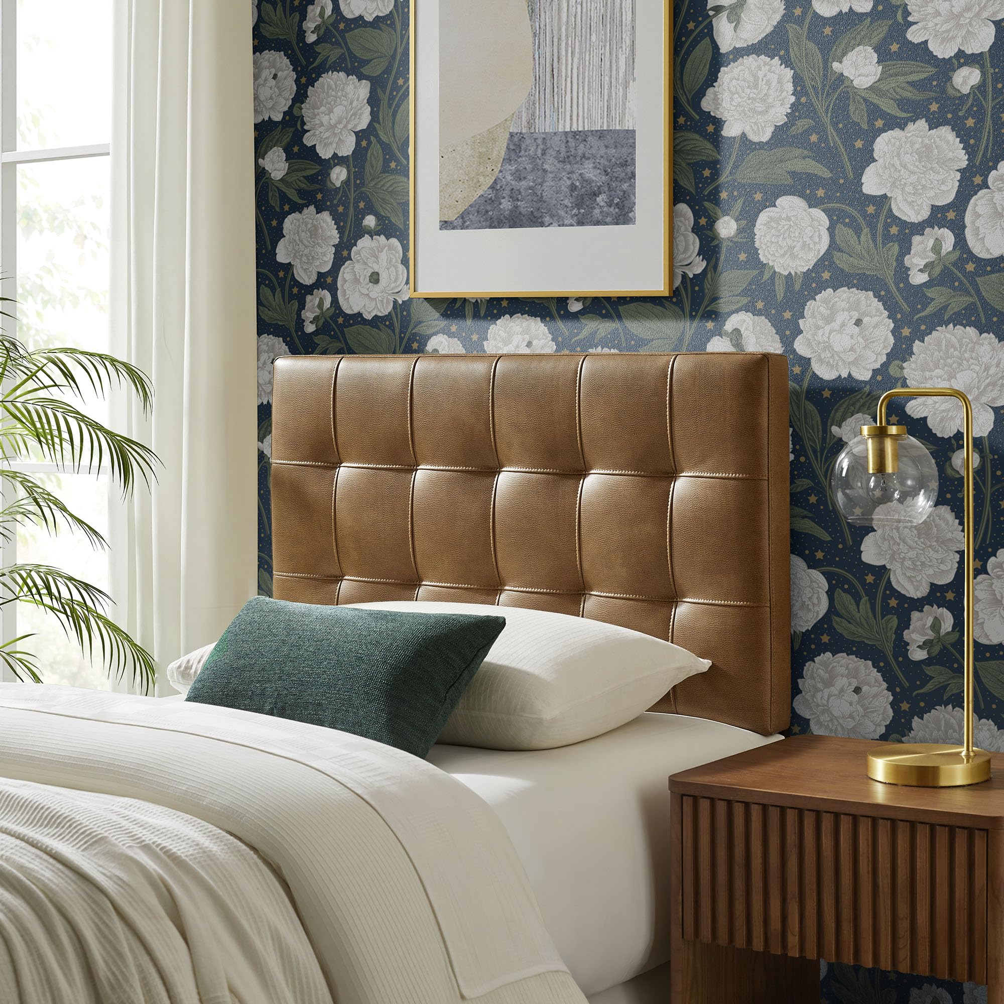 Modway Lily Performance Velvet Queen Size Headboard with Biscuit Tufting in Taupe - Stain-Resistant Upholstery with Padded Design and 5 Height-Adjustable Mounts