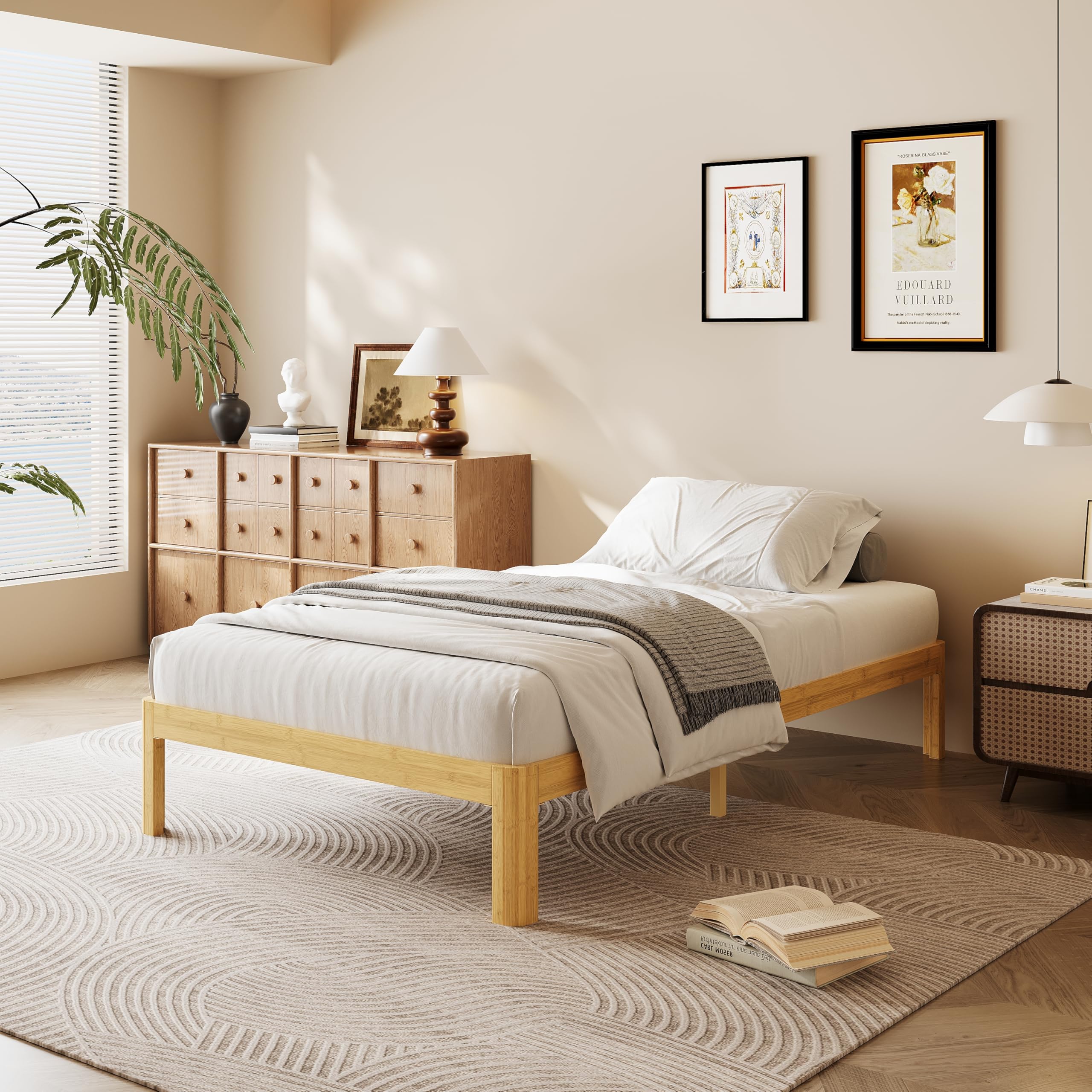 18 Inch King Wood Platform Bed，Mid-Century Wood Bed Frames, No Box Spring Needed, Natural Finish, Easy Assembly