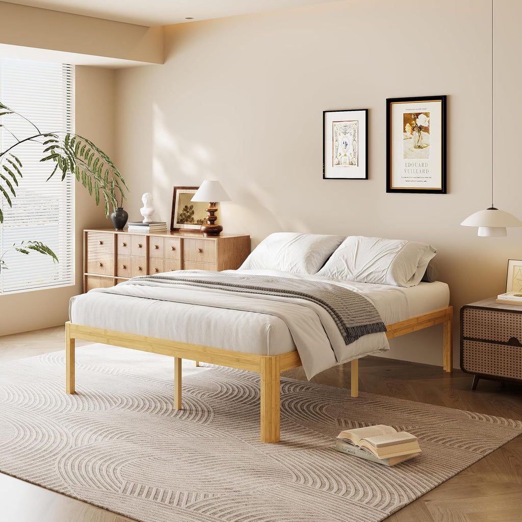 18 Inch King Wood Platform Bed，Mid-Century Wood Bed Frames, No Box Spring Needed, Natural Finish, Easy Assembly