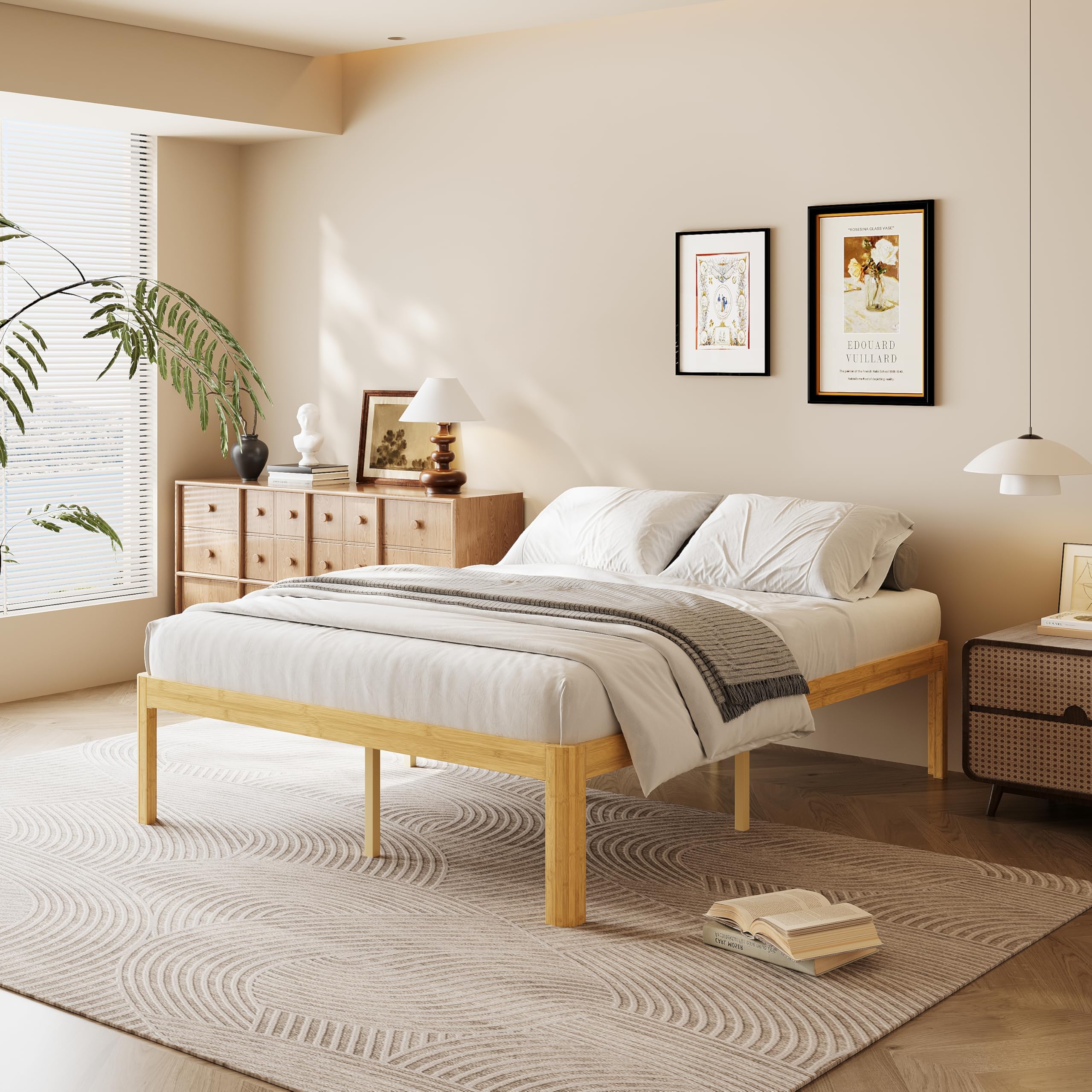 18 Inch King Wood Platform Bed，Mid-Century Wood Bed Frames, No Box Spring Needed, Natural Finish, Easy Assembly