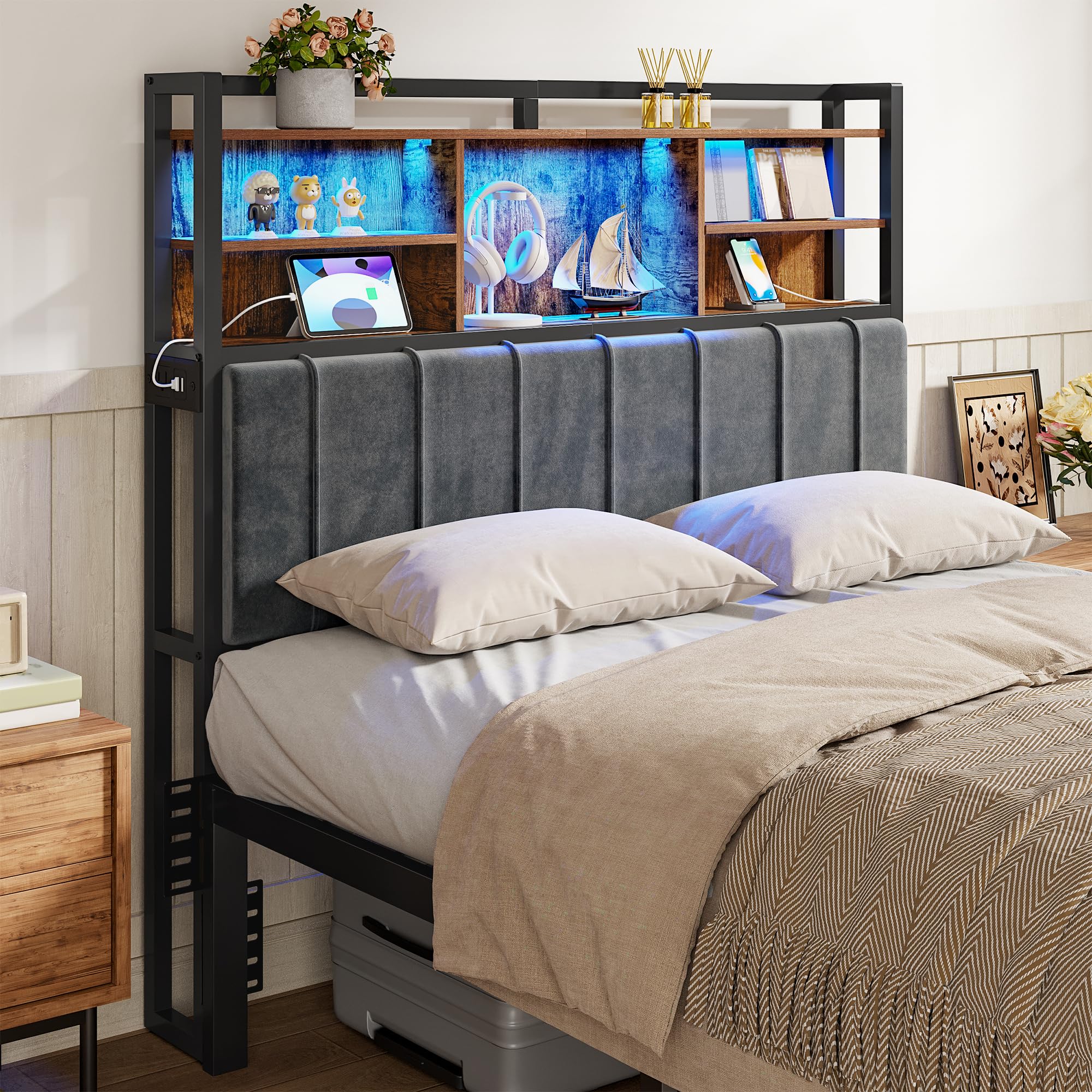 Hzuaneri Headboard with 3-Tier Storage Shelves, Velvet Upholstered Head Board with 2 Outlets, USB Ports & LED Light, Soft Backrest for Queen Size Bed, Black BH15204B