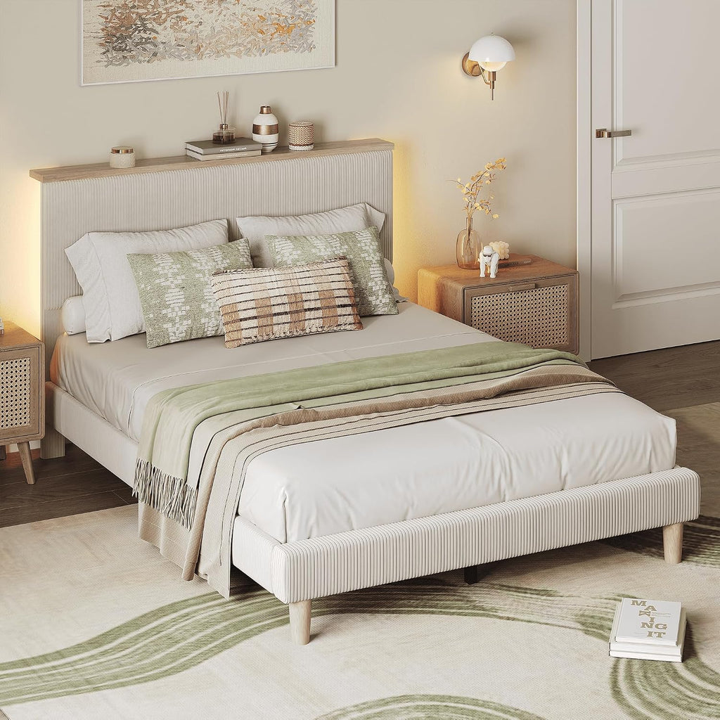 Bestier Queen Bed Frame with Adjustable Headboard & LED Lighting, Corduroy Upholstered Platform Bed Frame with Storage Shelf, Solid Wood Slats, No Box Spring Needed,Never Squeak, Easy Assembly, Beige