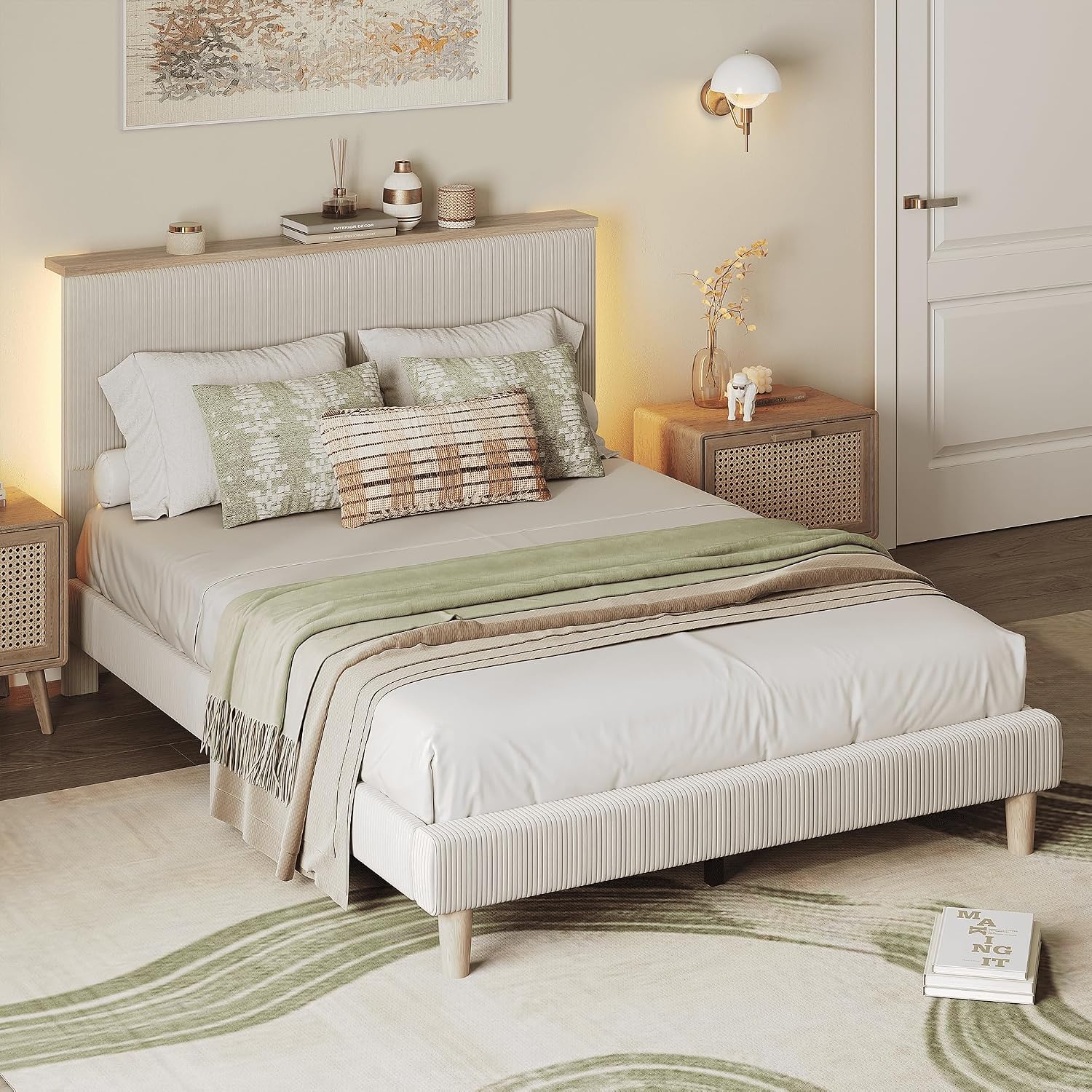 Bestier Queen Bed Frame with Adjustable Headboard & LED Lighting, Corduroy Upholstered Platform Bed Frame with Storage Shelf, Solid Wood Slats, No Box Spring Needed,Never Squeak, Easy Assembly, Beige
