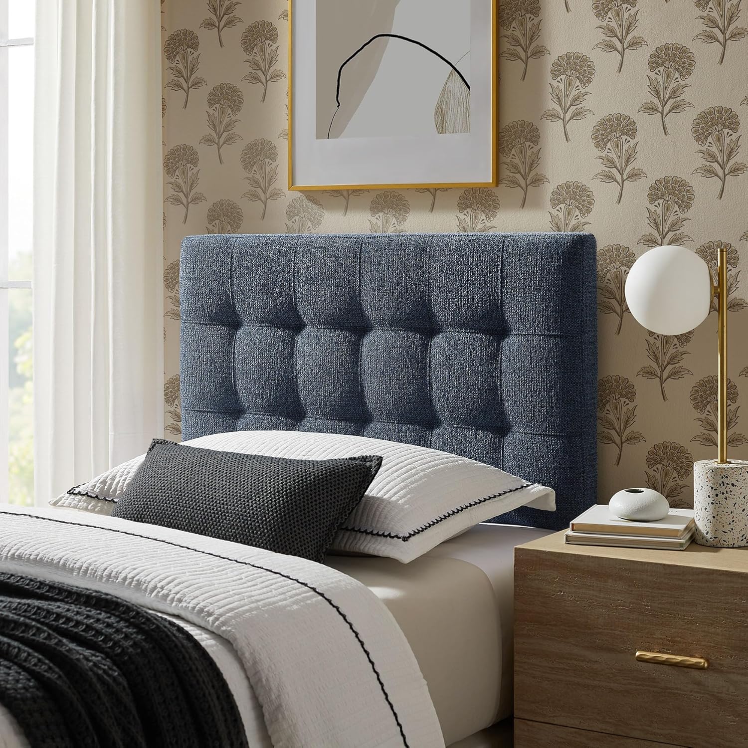 Modway Lily Twin Size Headboard with Biscuit Tufting in Navy - Fabric Upholstery with Padded Design and 5 Height-Adjustable Mounts