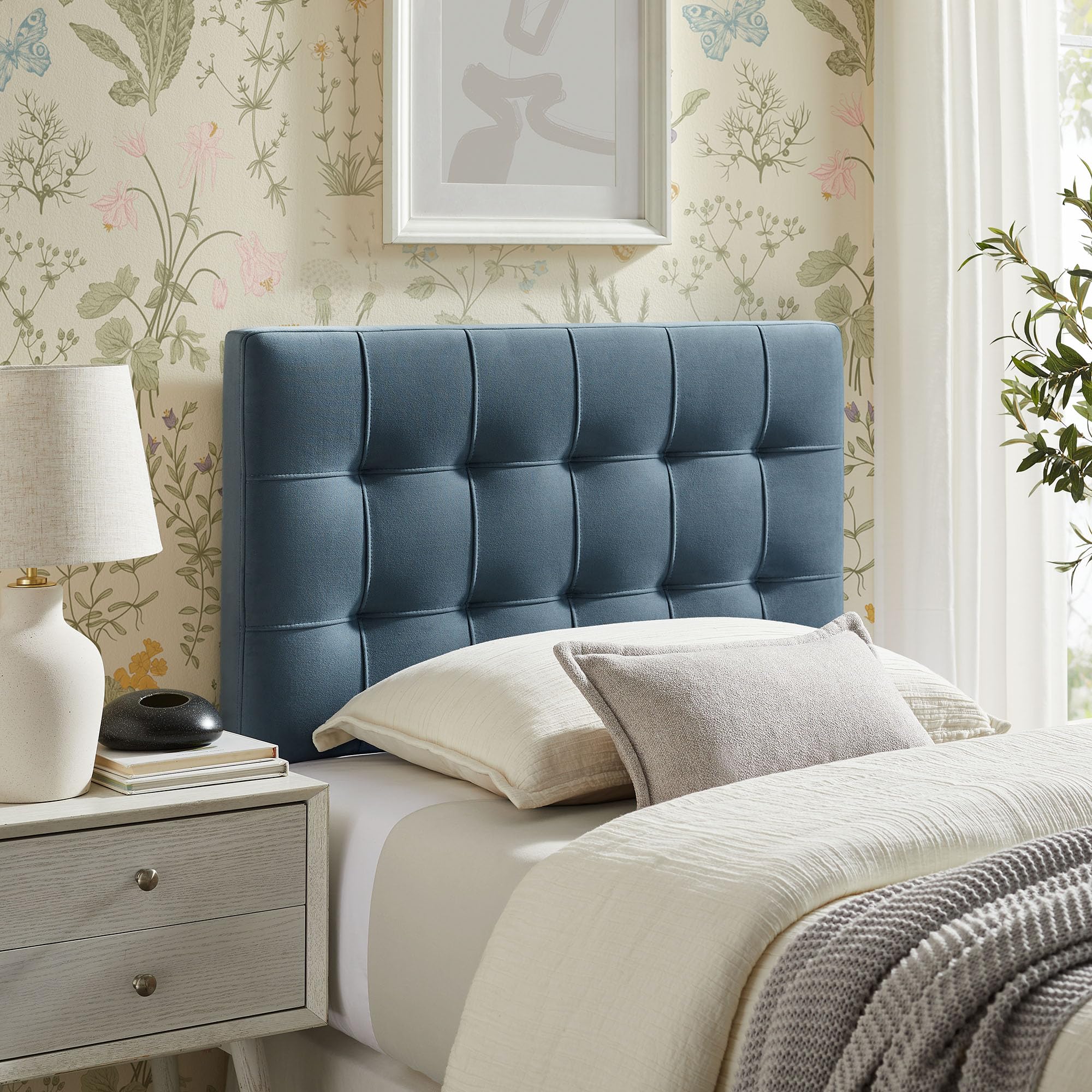 Modway Lily Performance Velvet Queen Size Headboard with Biscuit Tufting in Taupe - Stain-Resistant Upholstery with Padded Design and 5 Height-Adjustable Mounts