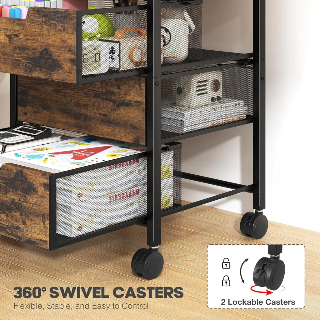 Rolling Cart with Drawers, Wooden Top and Front, with Wheels Metal Under Desk Storage Cart with 4 Drawers, for Office, Bedroom, Classroom, Home, Rustic Brown