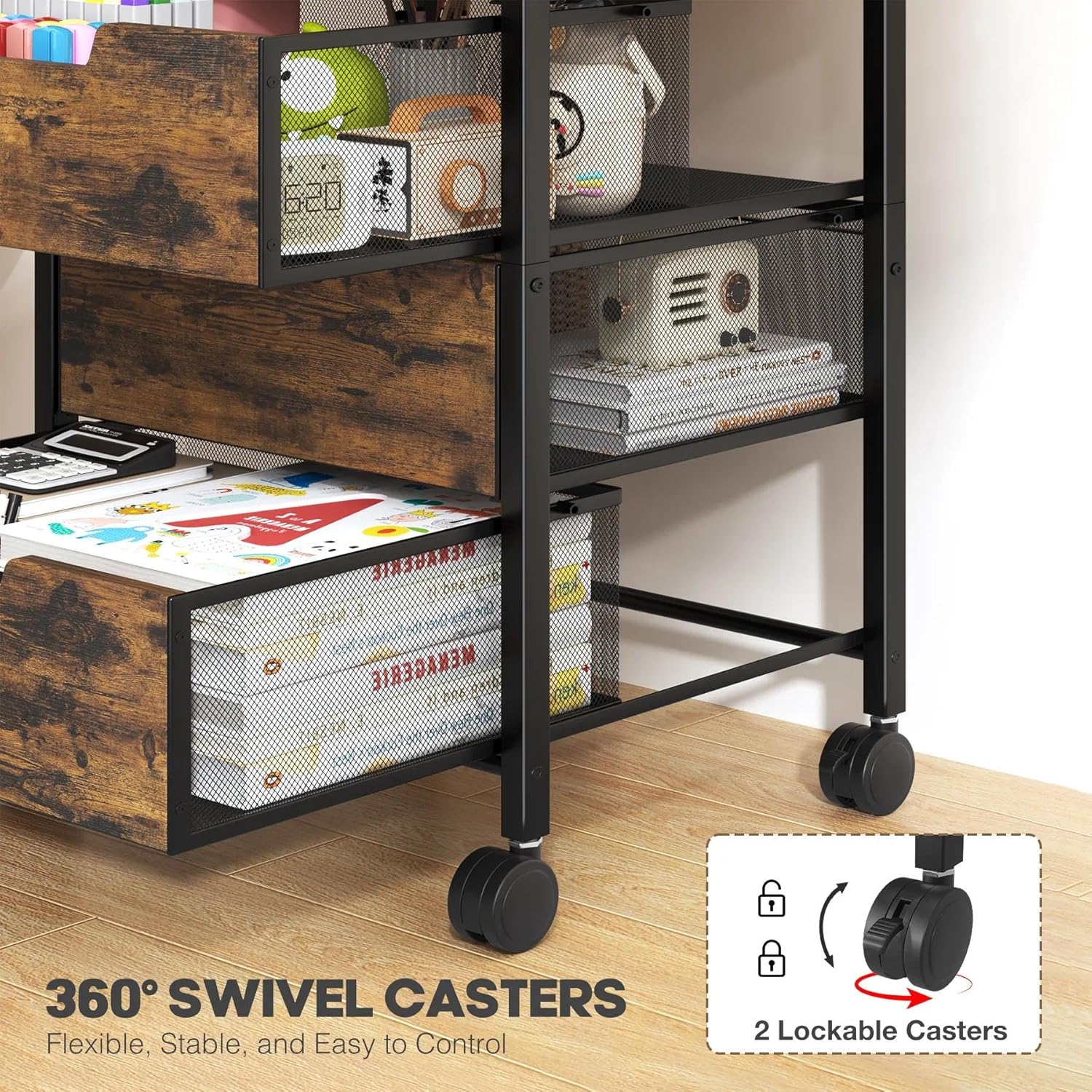 Rolling Cart with Drawers, Wooden Top and Front, with Wheels Metal Under Desk Storage Cart with 4 Drawers, for Office, Bedroom, Classroom, Home, Rustic Brown