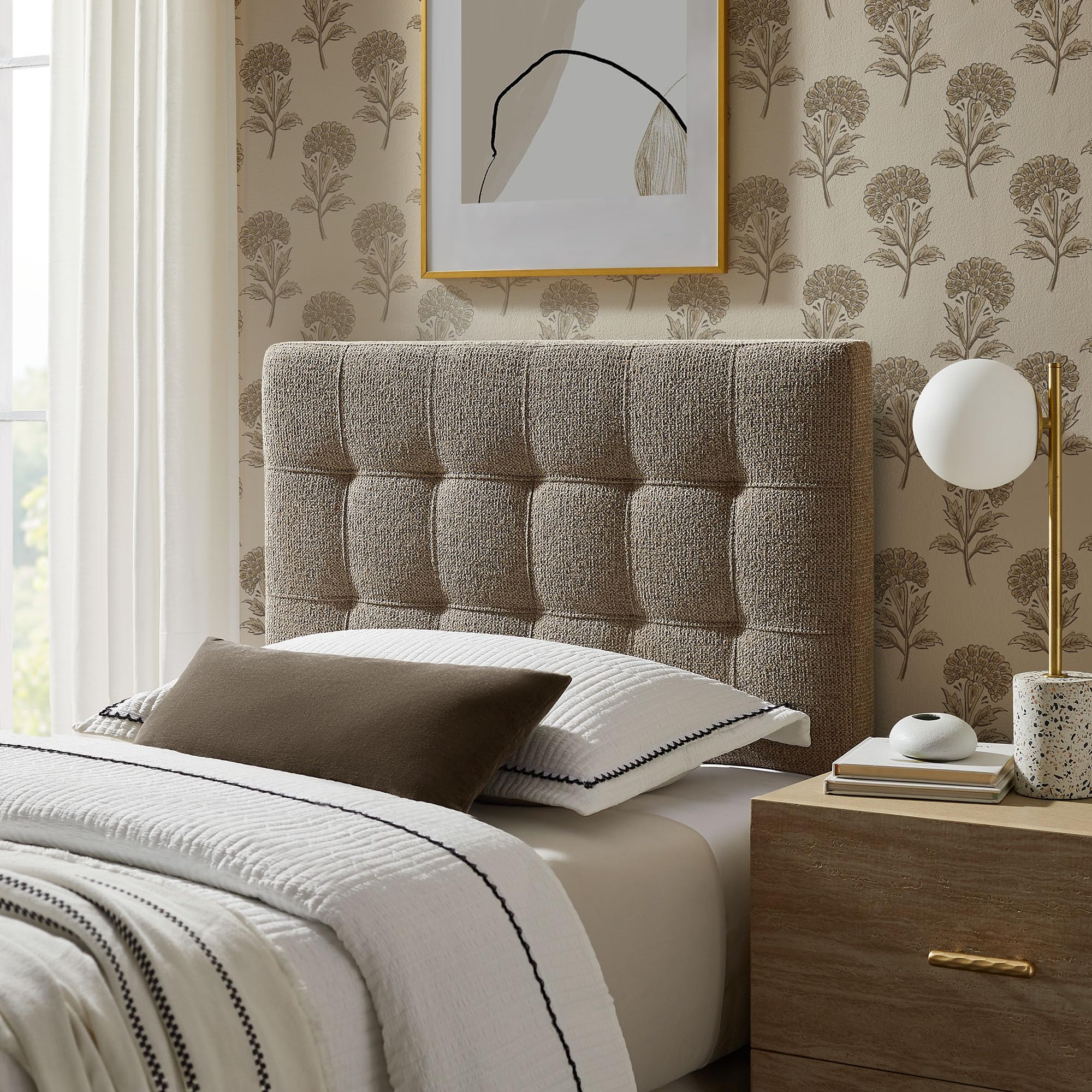 Modway Lily Twin Size Headboard with Biscuit Tufting in Navy - Fabric Upholstery with Padded Design and 5 Height-Adjustable Mounts