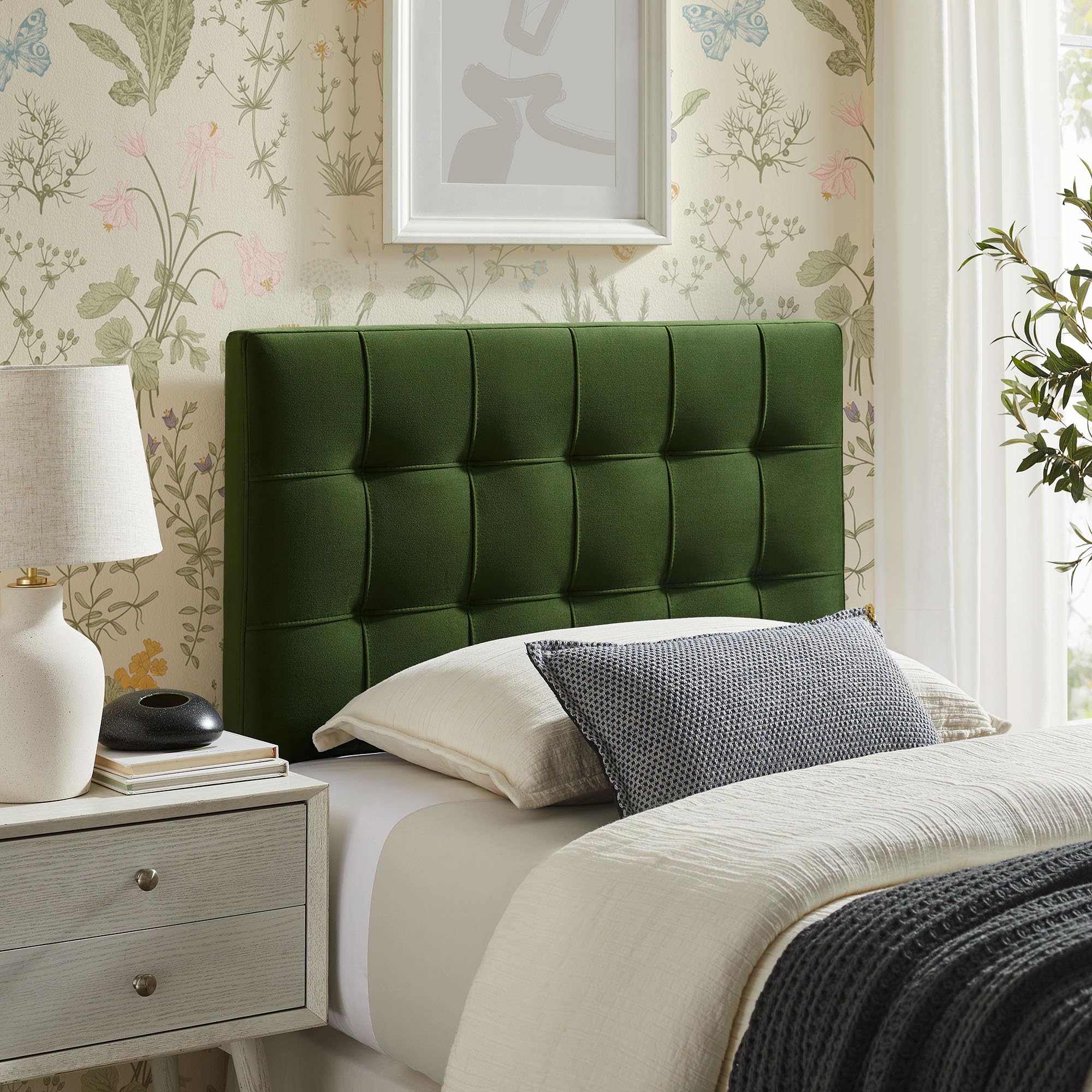 Modway Lily Performance Velvet Queen Size Headboard with Biscuit Tufting in Taupe - Stain-Resistant Upholstery with Padded Design and 5 Height-Adjustable Mounts