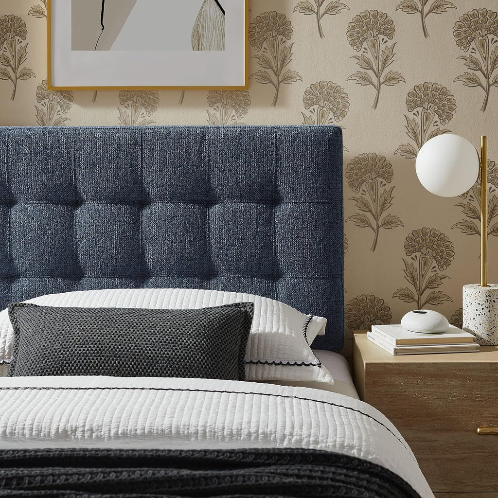 Modway Lily Twin Size Headboard with Biscuit Tufting in Navy - Fabric Upholstery with Padded Design and 5 Height-Adjustable Mounts
