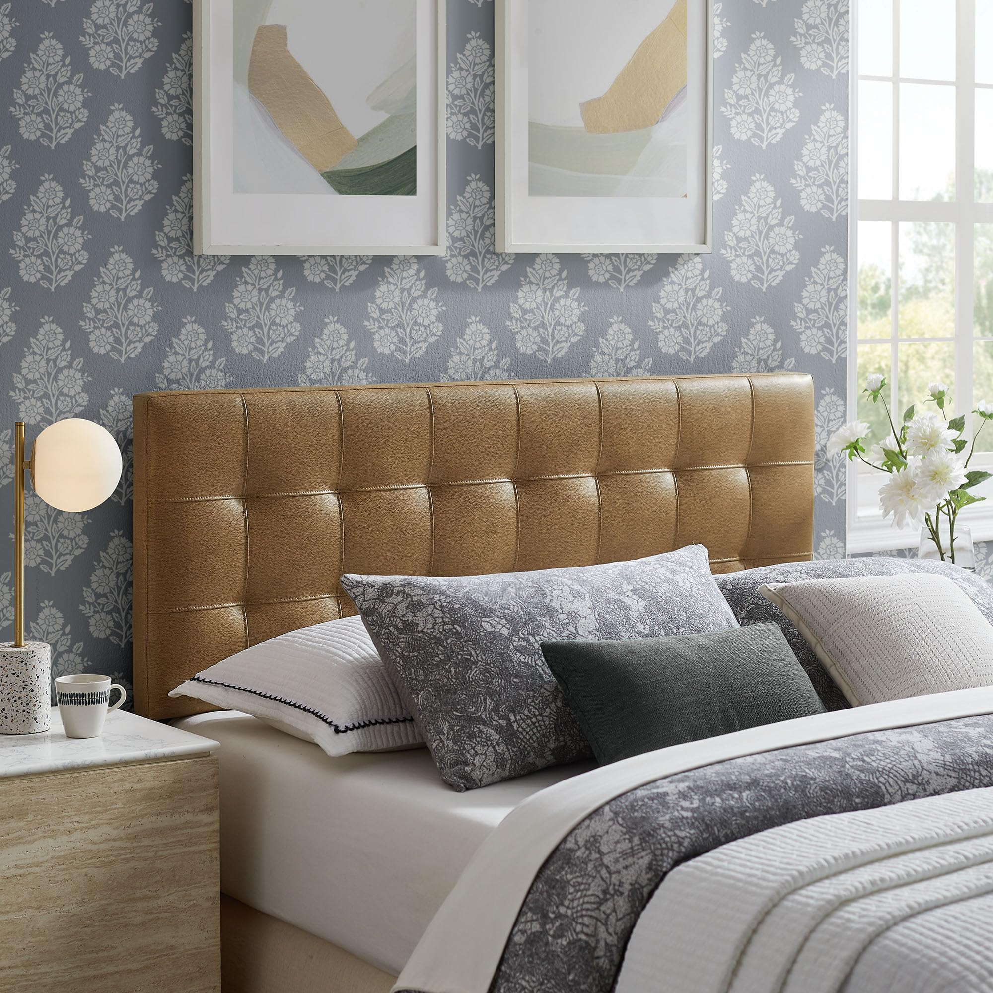 Modway Lily Performance Velvet Queen Size Headboard with Biscuit Tufting in Taupe - Stain-Resistant Upholstery with Padded Design and 5 Height-Adjustable Mounts