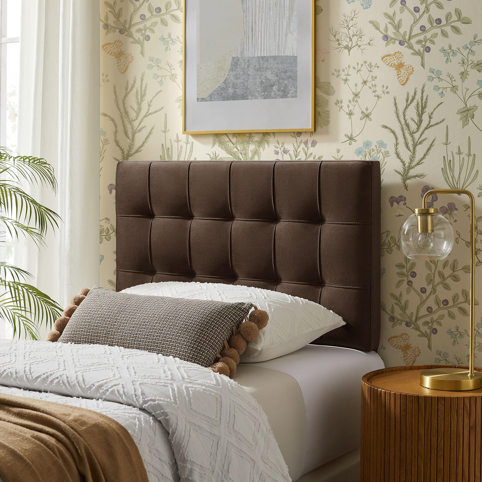 Modway Lily Performance Velvet Queen Size Headboard with Biscuit Tufting in Taupe - Stain-Resistant Upholstery with Padded Design and 5 Height-Adjustable Mounts