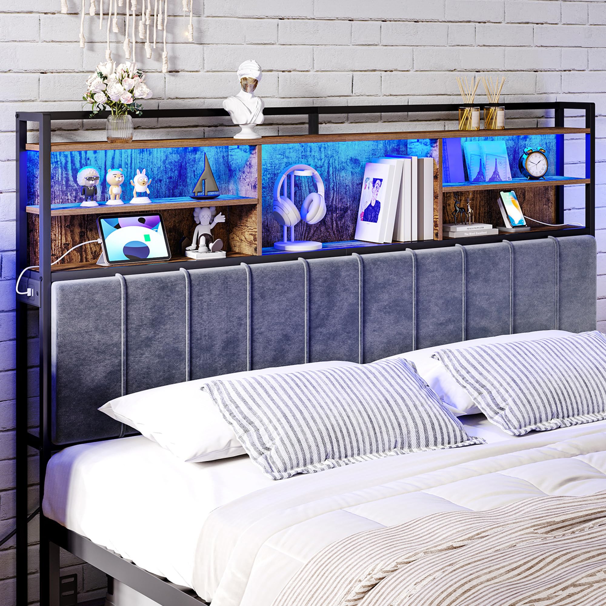 Hzuaneri Headboard with 3-Tier Storage Shelves, Velvet Upholstered Head Board with 2 Outlets, USB Ports & LED Light, Soft Backrest for Queen Size Bed, Black BH15204B