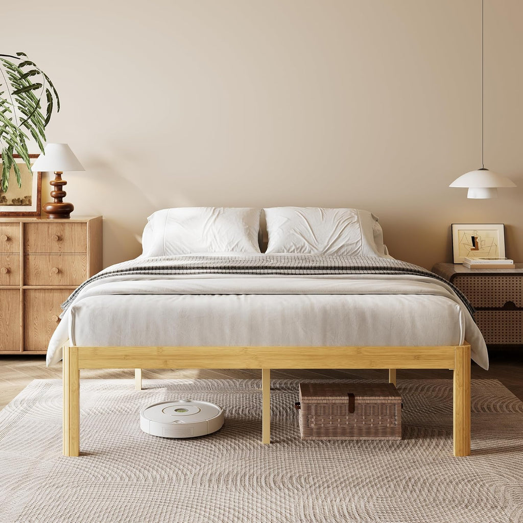18 Inch King Wood Platform Bed，Mid-Century Wood Bed Frames, No Box Spring Needed, Natural Finish, Easy Assembly