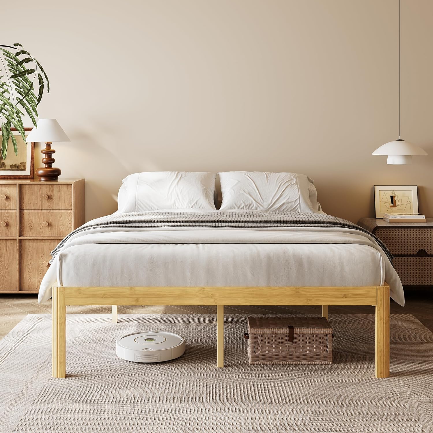 18 Inch King Wood Platform Bed，Mid-Century Wood Bed Frames, No Box Spring Needed, Natural Finish, Easy Assembly