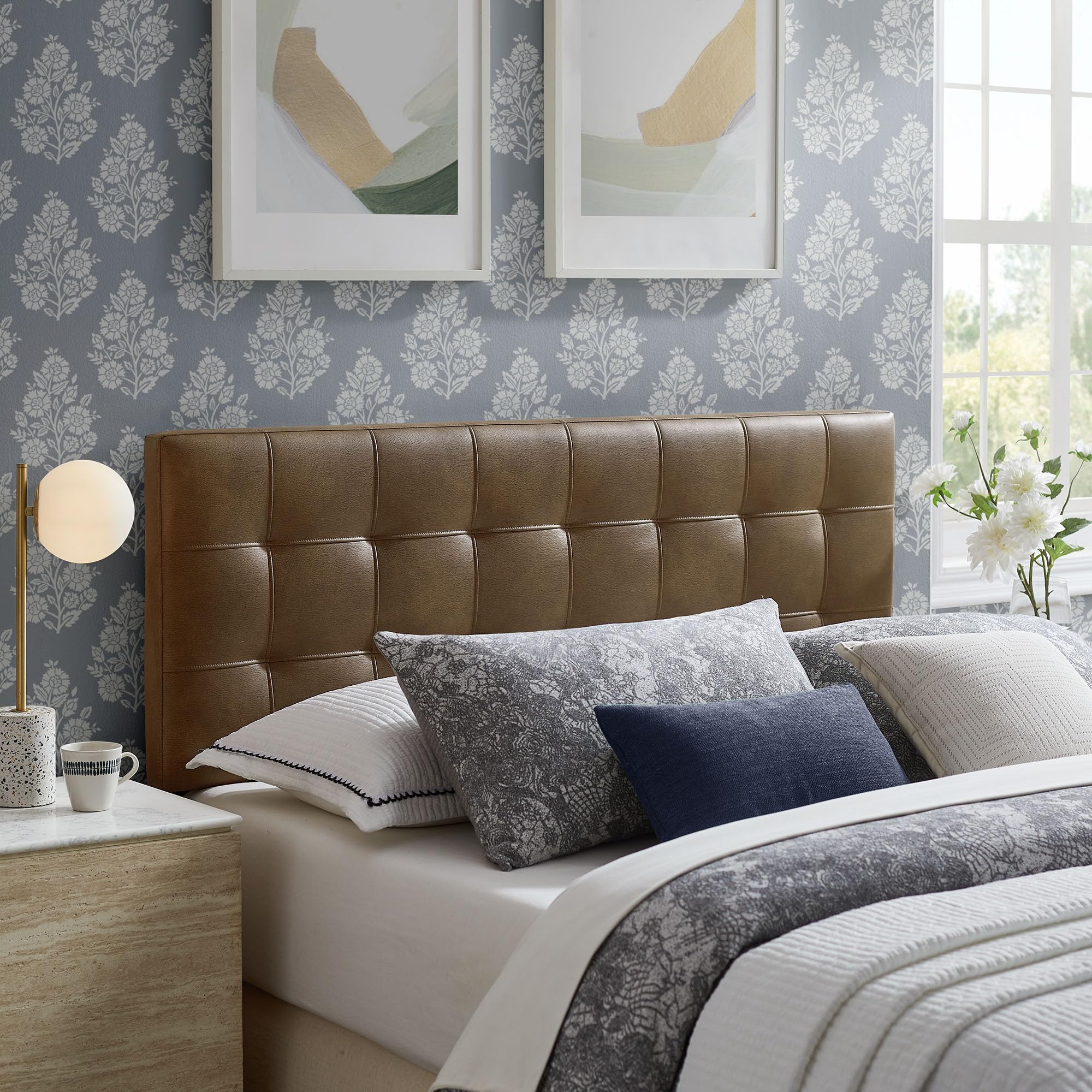Modway Lily Performance Velvet Queen Size Headboard with Biscuit Tufting in Taupe - Stain-Resistant Upholstery with Padded Design and 5 Height-Adjustable Mounts
