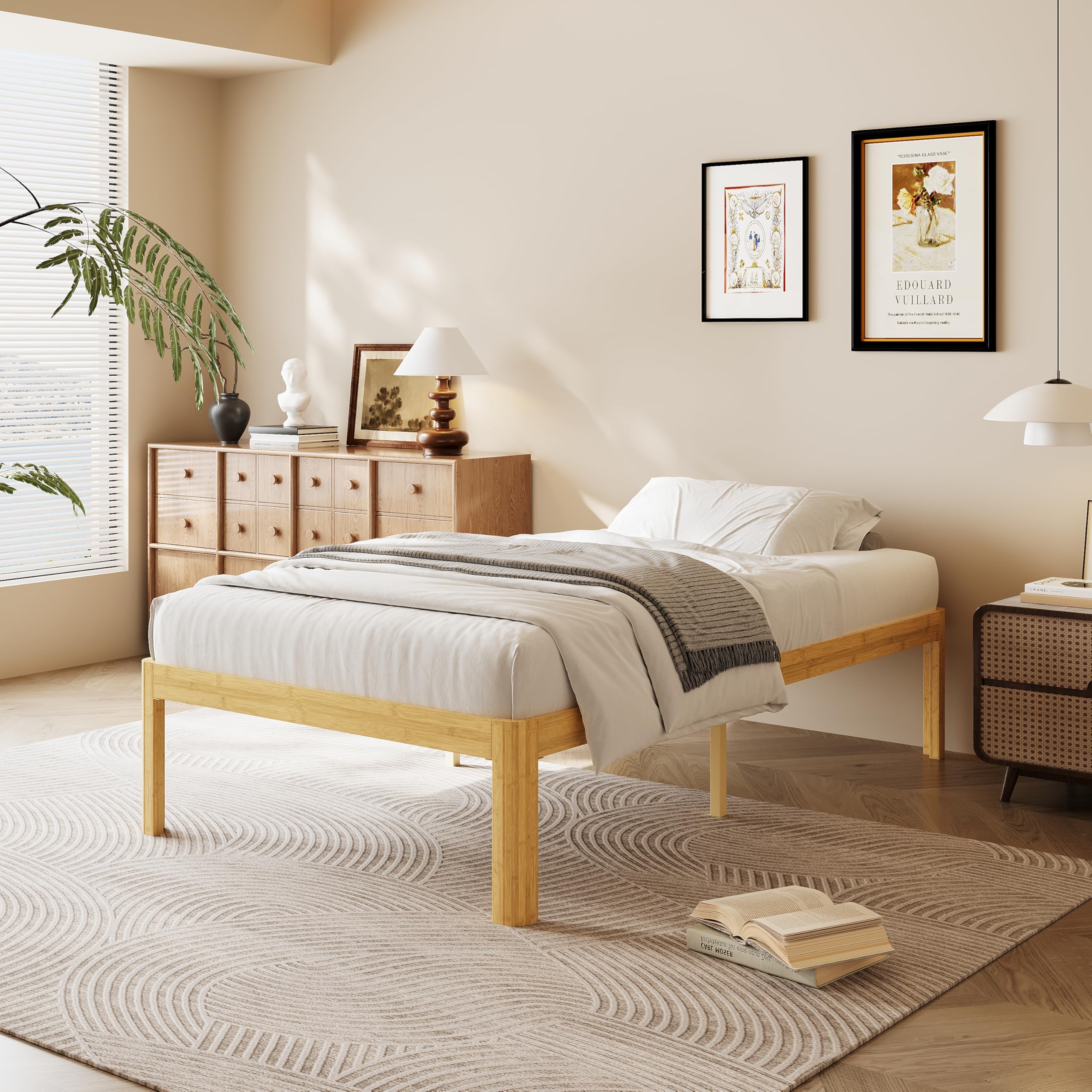 18 Inch King Wood Platform Bed，Mid-Century Wood Bed Frames, No Box Spring Needed, Natural Finish, Easy Assembly