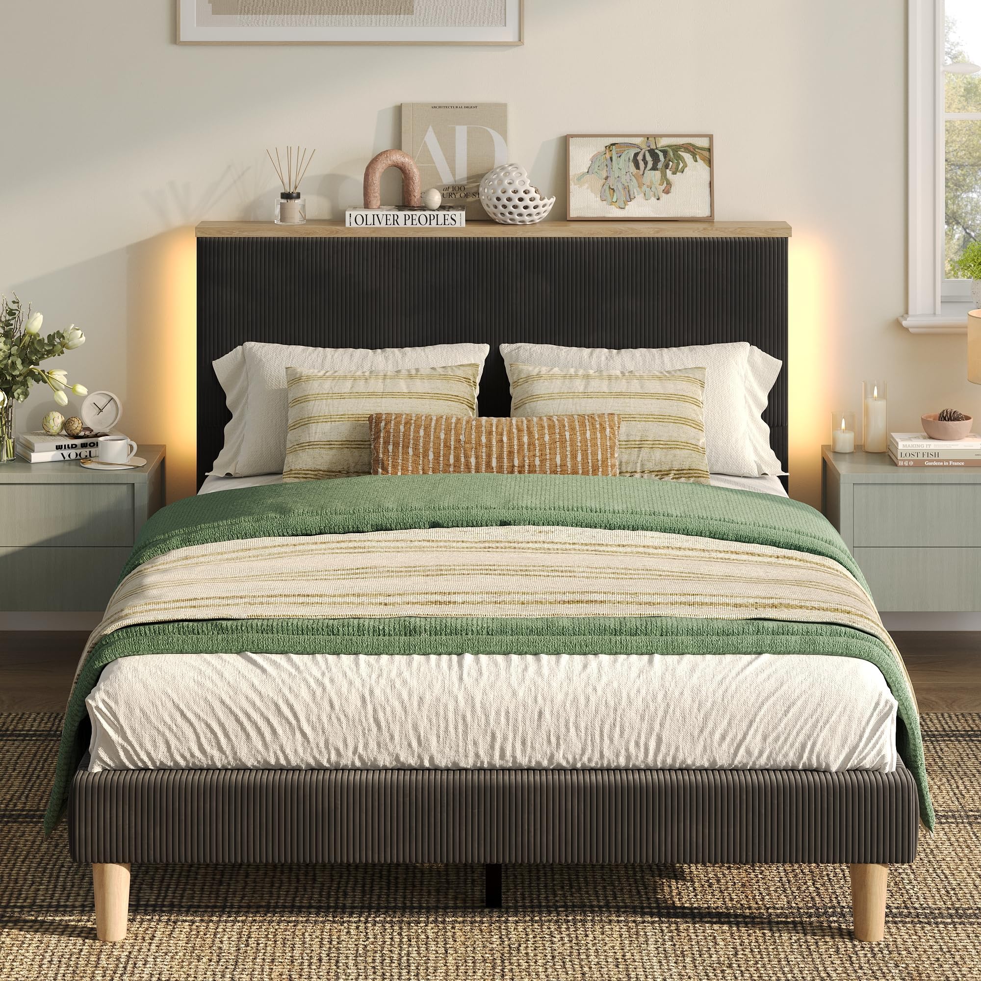 Bestier Queen Bed Frame with Adjustable Headboard & LED Lighting, Corduroy Upholstered Platform Bed Frame with Storage Shelf, Solid Wood Slats, No Box Spring Needed,Never Squeak, Easy Assembly, Beige