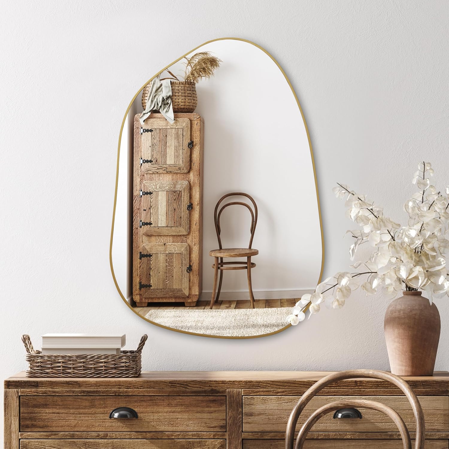 PERFNIQUE Irregular Wall Mirror Asymmetrical Mirror, 27''x19'' Gold Mirror for Bathroom Bedroom Living Room Entryway, Decorative Modern Wall Decor, Wall Mounted Mirror (Gold, 27''x19'')