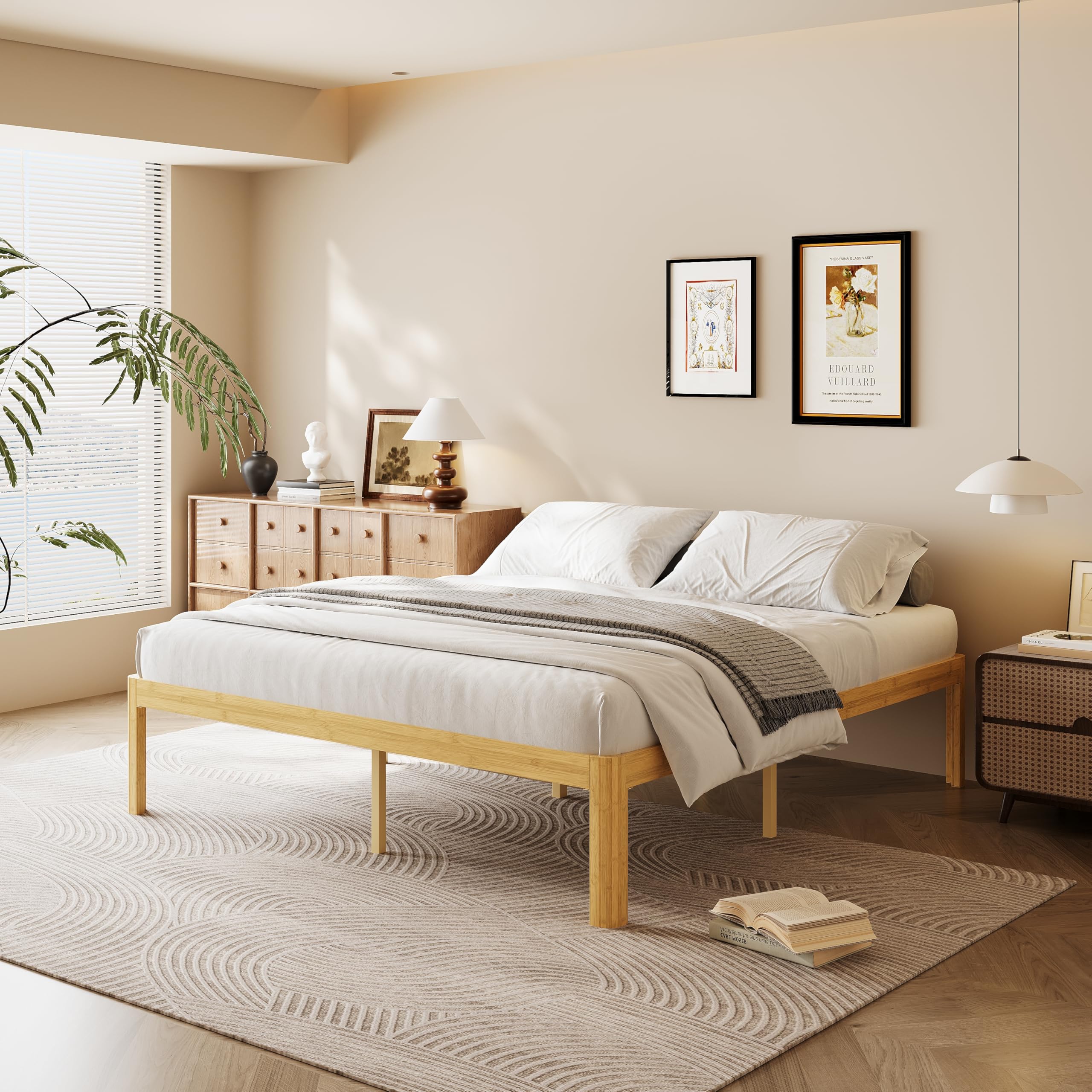 18 Inch King Wood Platform Bed，Mid-Century Wood Bed Frames, No Box Spring Needed, Natural Finish, Easy Assembly