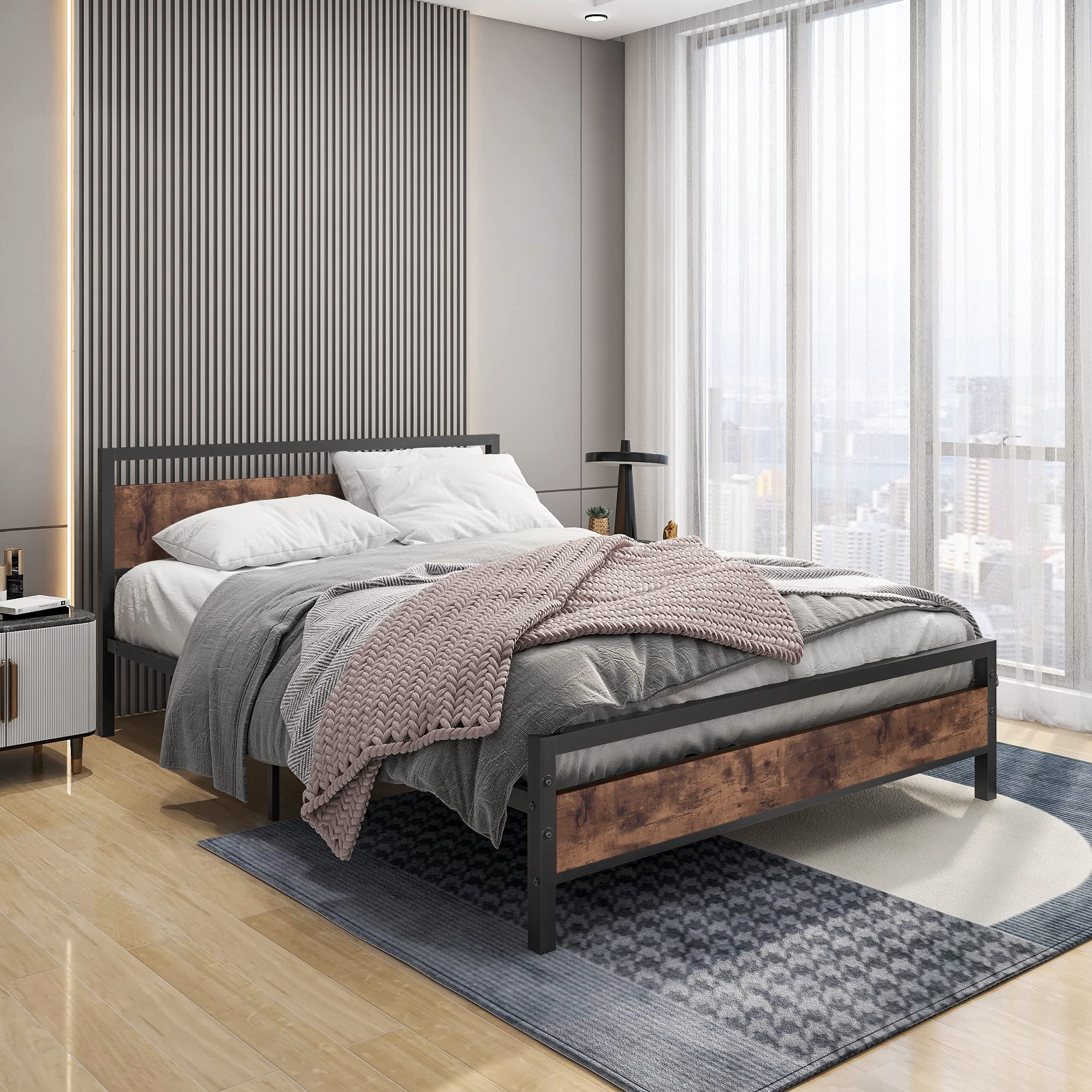 BOFENG Black Twin Bed Frame with Wood Headboard,Metal Single Platform Bed Frame Twin Size No Box Spring Needed,Heavy Duty Metal Slats Support,Noise Free,Single Bed Base,Easy Assembly