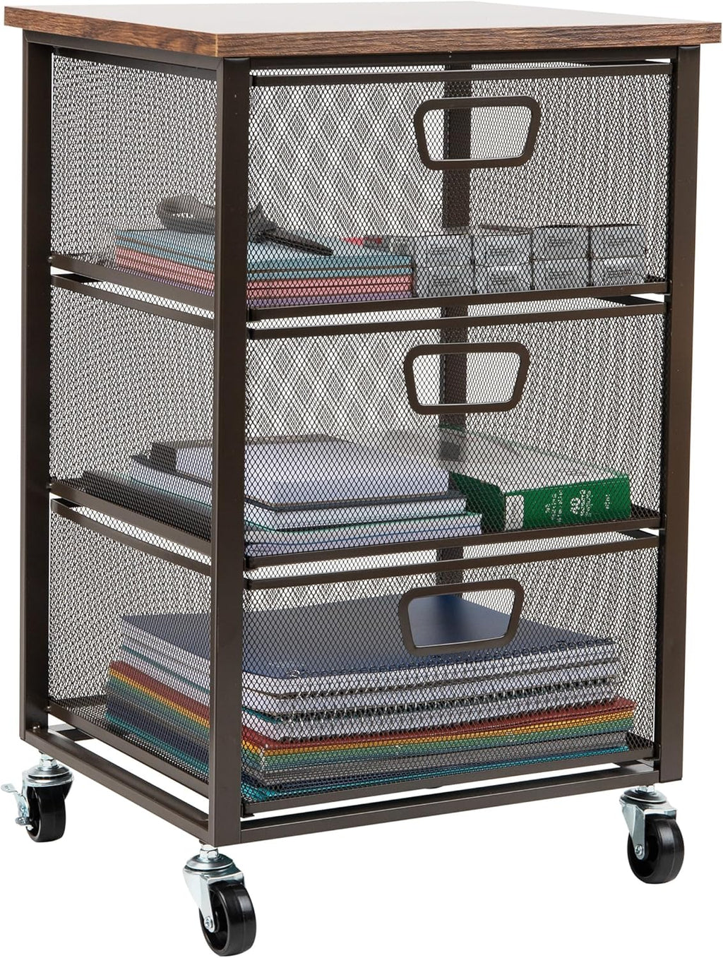 Mind Reader 3 Drawer Storage Organizer with Wood Top, Rolling Office Organizer Cabinet with Wheels, Office, Metal Mesh, Black