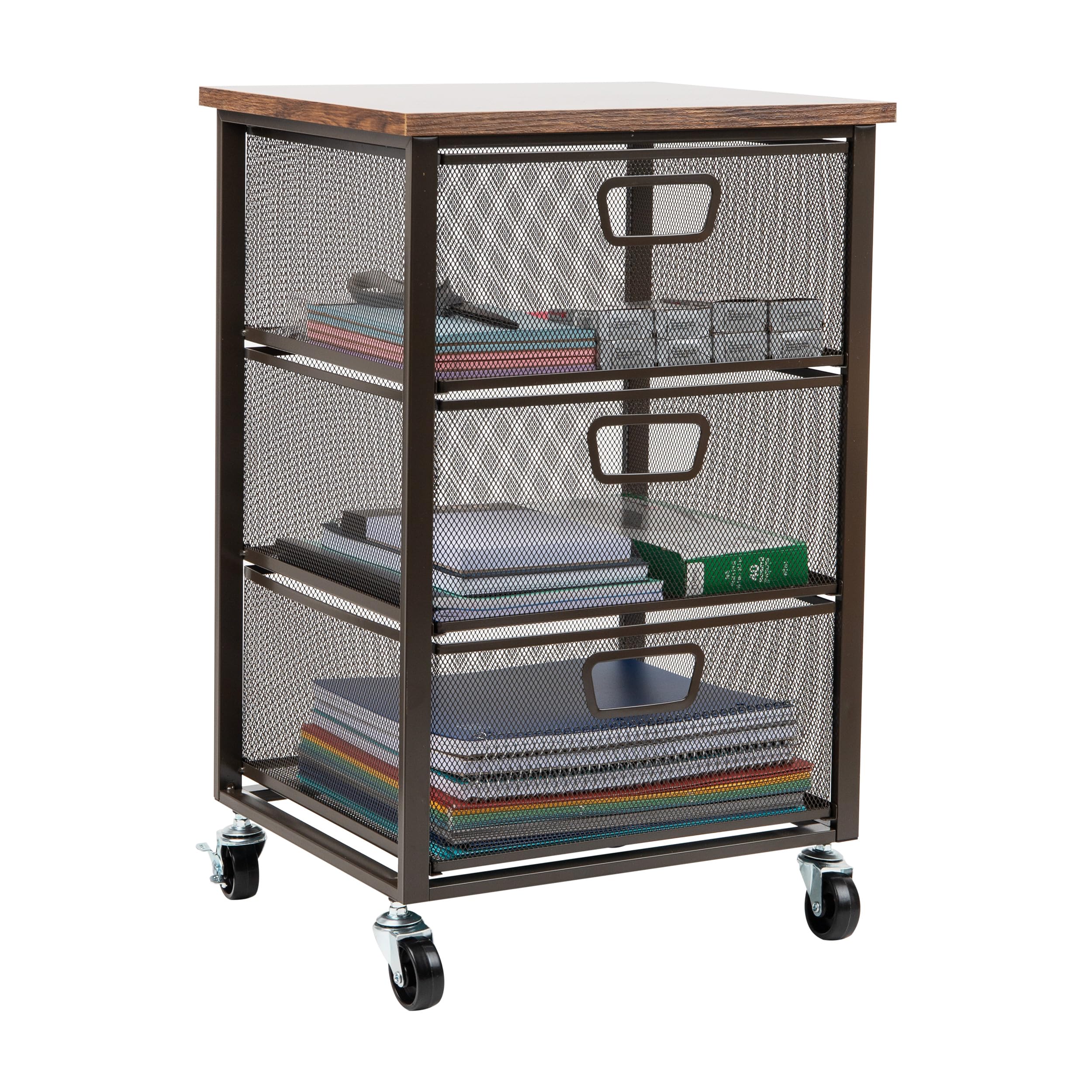 Mind Reader 3 Drawer Storage Organizer with Wood Top, Rolling Office Organizer Cabinet with Wheels, Office, Metal Mesh, Black