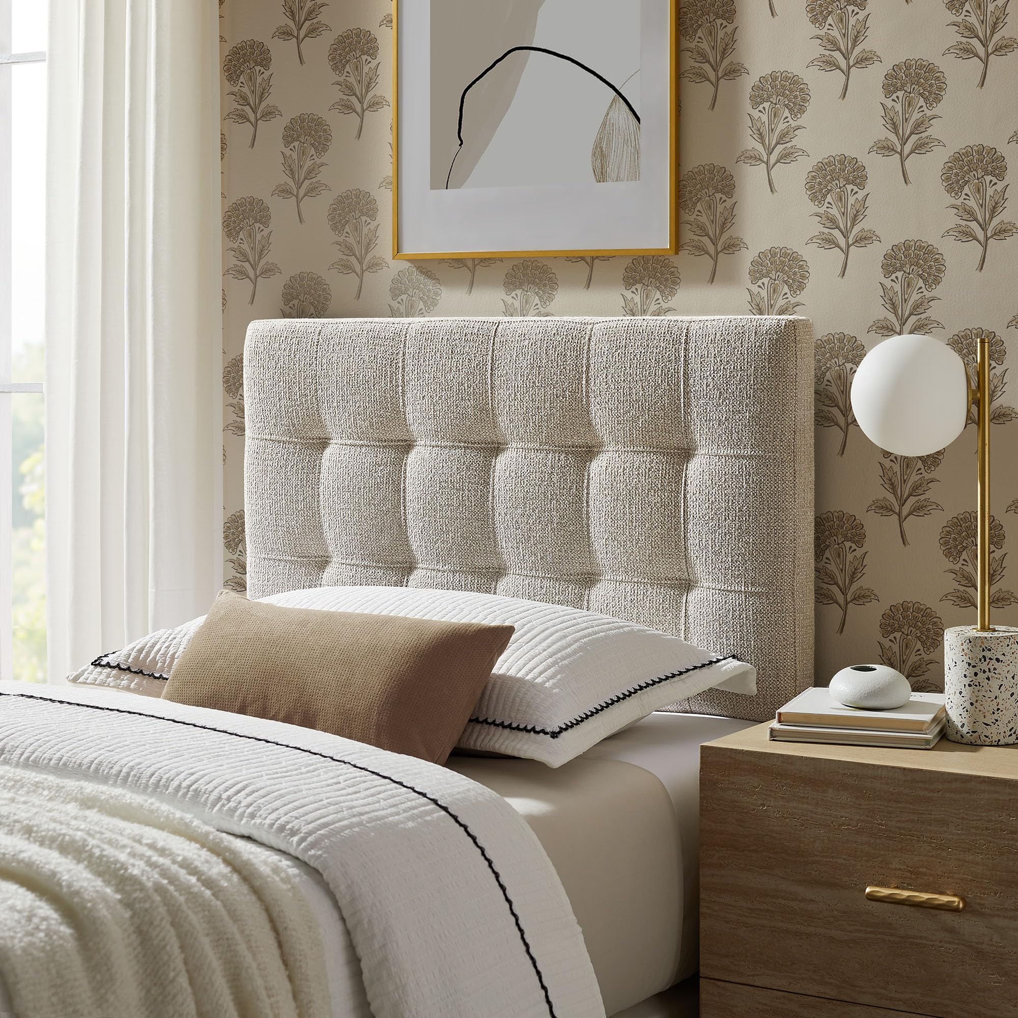 Modway Lily Twin Size Headboard with Biscuit Tufting in Navy - Fabric Upholstery with Padded Design and 5 Height-Adjustable Mounts