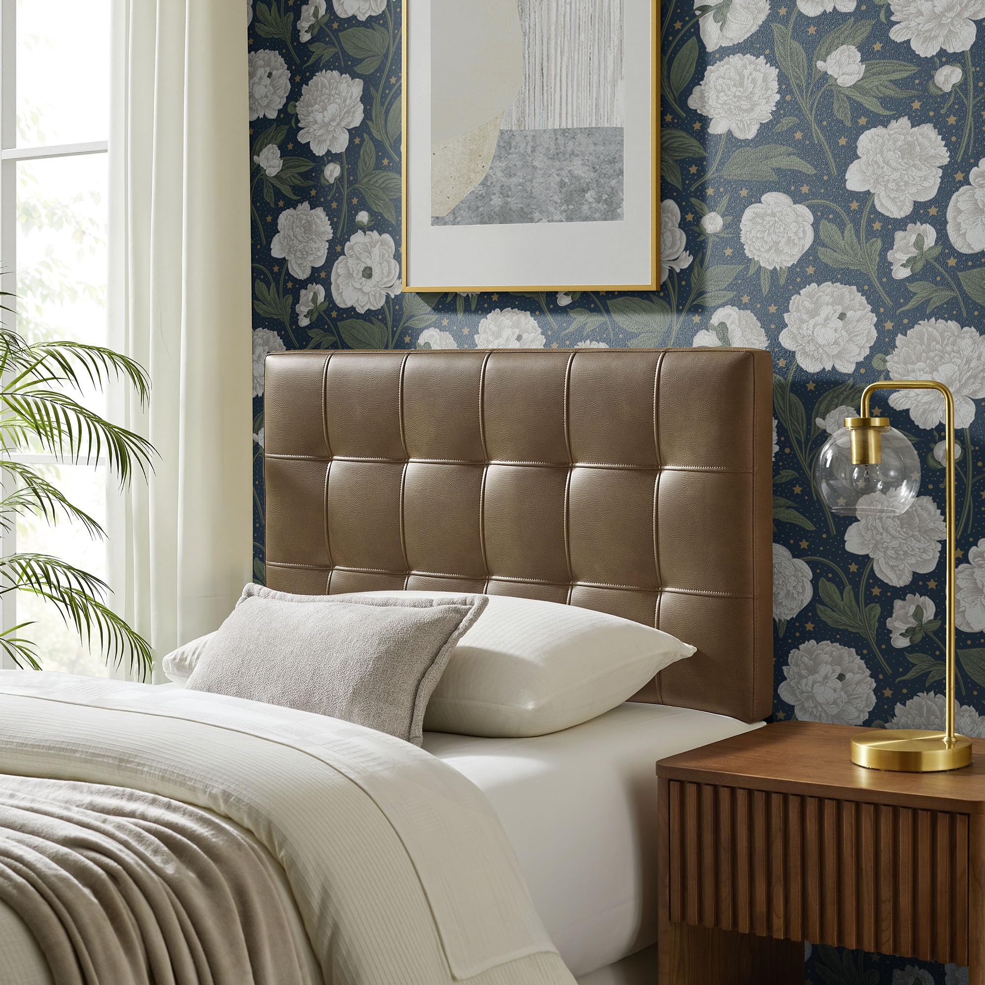 Modway Lily Performance Velvet Queen Size Headboard with Biscuit Tufting in Taupe - Stain-Resistant Upholstery with Padded Design and 5 Height-Adjustable Mounts
