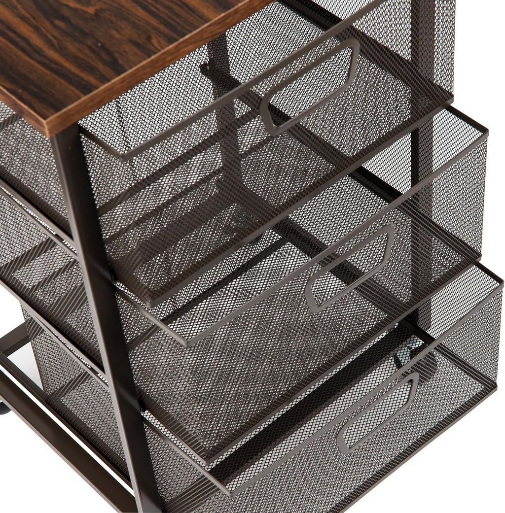 Mind Reader 3 Drawer Storage Organizer with Wood Top, Rolling Office Organizer Cabinet with Wheels, Office, Metal Mesh, Black